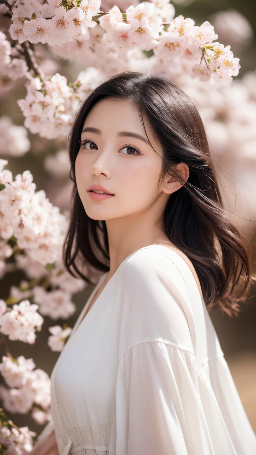(A logo、​masterpiece、8K、masutepiece、Raw photo、Fantastic、Best Quality、Photorealistic、extremely detailed CG unified 8k wallpaper、hightquality、ighly detailed、epic poem、Particle effect、Dynamic effects、depth of fields、Cinematic Light、Lens Flare、Ray tracing)、Fantasia、 (Beauty 1 person、White Japanese Clothing、Japanese dress、White cherry blossom pattern、White cherry blossom embroidery pattern、A dark-haired、Beautiful face、Real Face、Beautiful detail eyes、Beautiful skin)、Hair flutters in the wind、Hair jumps、Pink cherry blossom tree、Petals flutter、Sakura blizzard、Superb view、morning glow、Sun in the background、the wind、Deities、tusk、myth、Vast Land、
