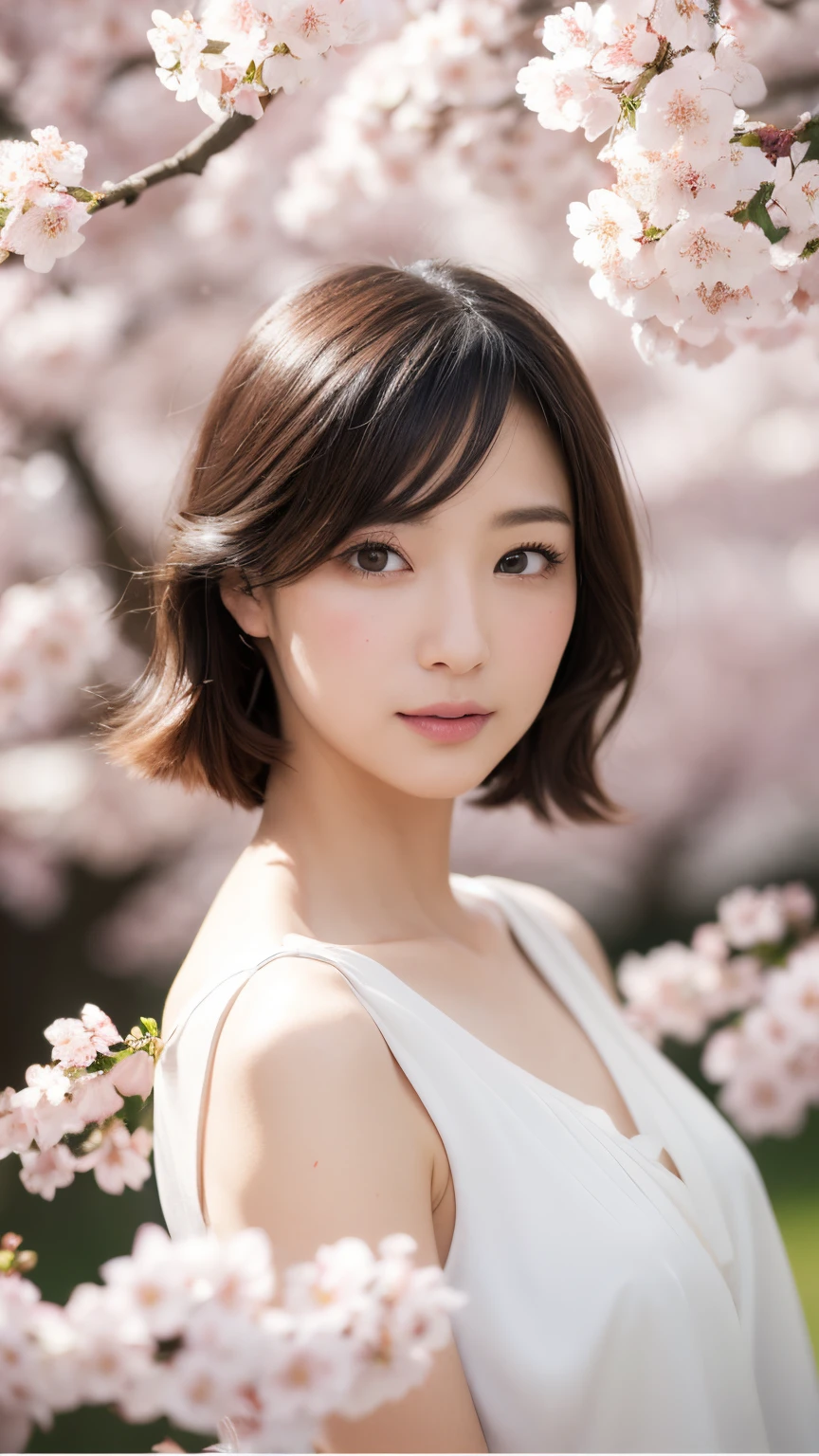 (A logo、​masterpiece、8K、masutepiece、Raw photo、Fantastic、Best Quality、Photorealistic、extremely detailed CG unified 8k wallpaper、hightquality、ighly detailed、epic poem、Particle effect、Dynamic effects、depth of fields、Cinematic Light、Lens Flare、Ray tracing)、Fantasia、 (Beauty 1 person、White Japanese Clothing、Japanese dress、White cherry blossom pattern、White cherry blossom embroidery pattern、A dark-haired、Beautiful face、Real Face、Beautiful detail eyes、Beautiful skin)、Hair flutters in the wind、Hair jumps、Pink cherry blossom tree、Petals flutter、Sakura blizzard、Superb view、morning glow、Sun in the background、the wind、Deities、tusk、myth、Vast Land、