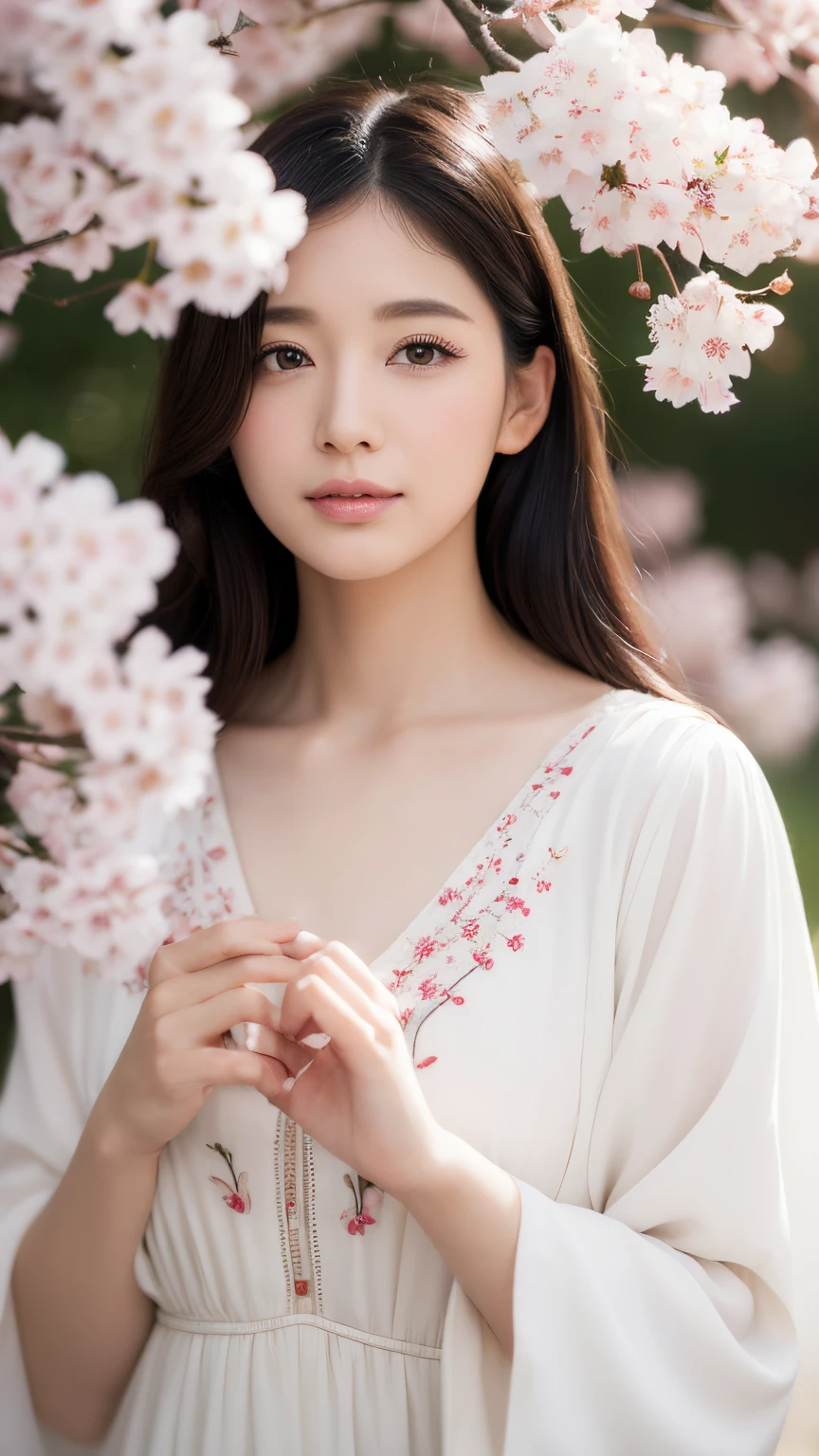 (A logo、​masterpiece、8K、masutepiece、Raw photo、Fantastic、Best Quality、Photorealistic、extremely detailed CG unified 8k wallpaper、hightquality、ighly detailed、epic poem、Particle effect、Dynamic effects、depth of fields、Cinematic Light、Lens Flare、Ray tracing)、Fantasia、 (Beauty 1 person、White Japanese Clothing、Japanese dress、White cherry blossom pattern、White cherry blossom embroidery pattern、A dark-haired、Beautiful face、Real Face、Beautiful detail eyes、Beautiful skin)、Hair flutters in the wind、Hair jumps、Pink cherry blossom tree、Petals flutter、Sakura blizzard、Superb view、morning glow、Sun in the background、the wind、Deities、tusk、myth、Vast Land、
