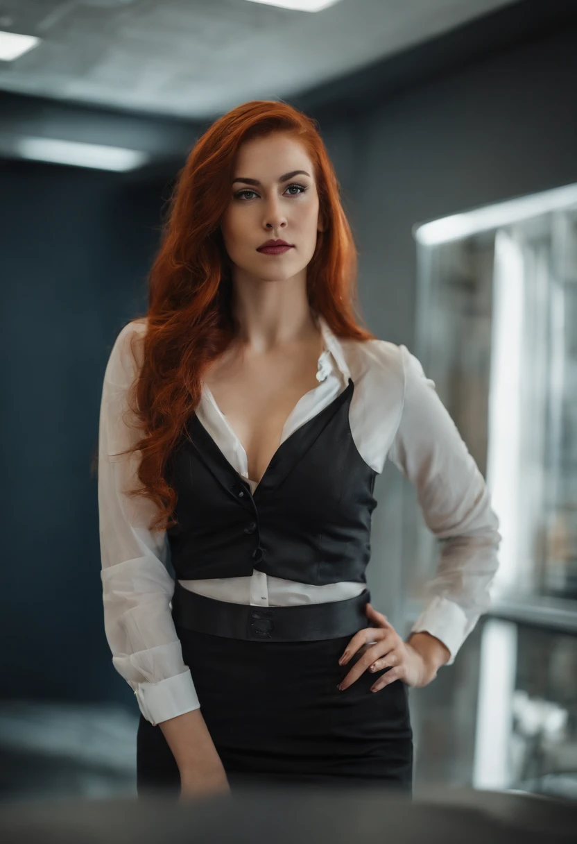 girl, 20 years old, in office, secretary outfit, big breasts, busty, red hair, pony tail, cyberpunk world