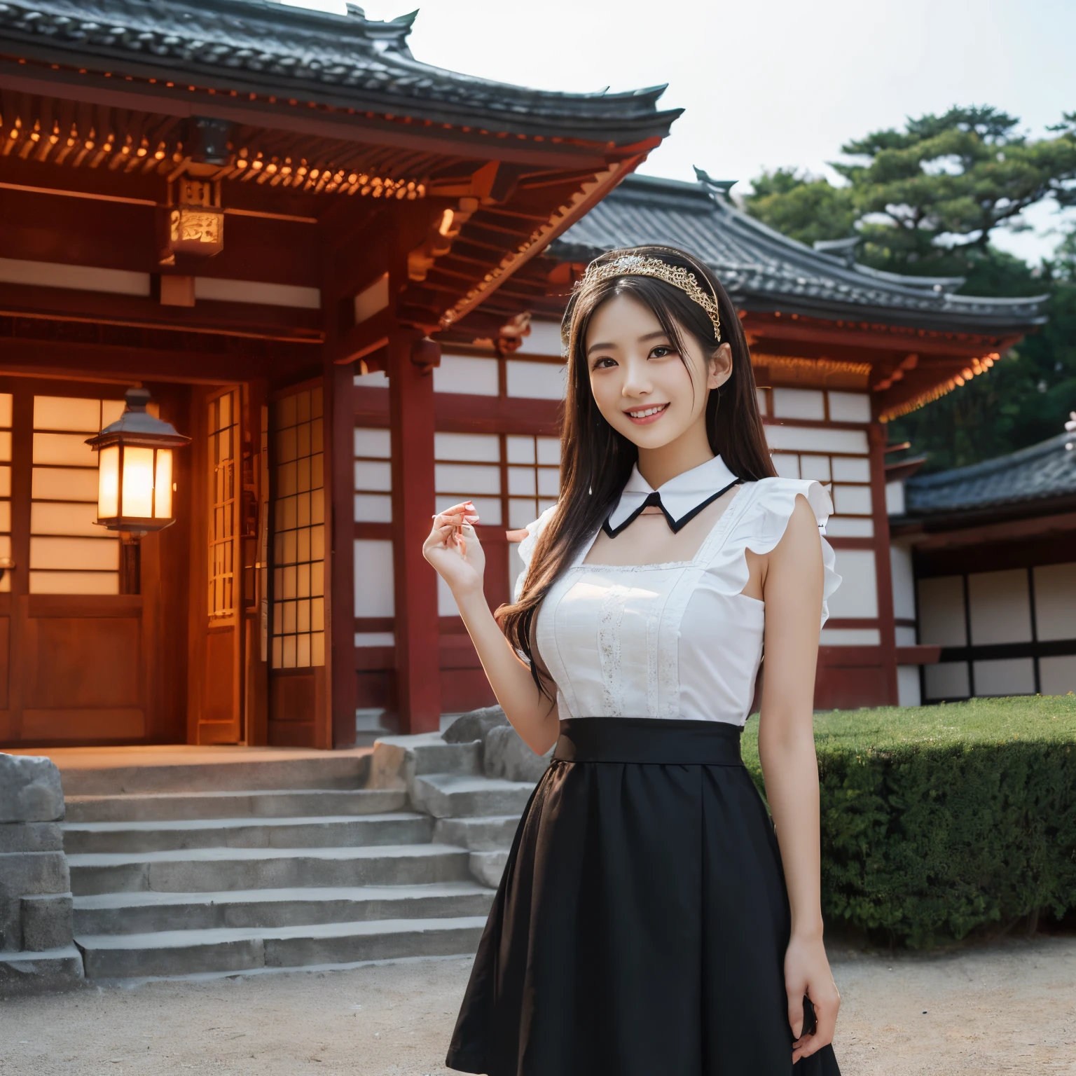 ((top-quality、masutepiece、8K、Top image quality、Very complex and detailed details))、(1 maid、Gorgeous Maid Dresses、Black and white maid outfit with luxurious long skirt、Huge black and white maid dress、Black and white maid dresses、Black and white maid dresses、with frills、Big apron and black and white maid outfit)、(Very intricate and detailed Japanese castle exterior in the background、Standing with a glittering castle in the background、Standing at the entrance to the castle、Castle lit up、An incredibly luxurious and ornate castle、The most luxurious and glittering castle、Beautiful Niwa-lacquered castle pillars、Exterior of Niwa-nuri Castle、luxury tile roof、Gold decoration of Niwa-nuri Castle、Luxurious Japanese castle in red and gold、red glowing castle、red lantern lighting、the most glittering and gorgeous)、Take a photo of her from the knees up、Perfect gas chamber、a smile、Smile