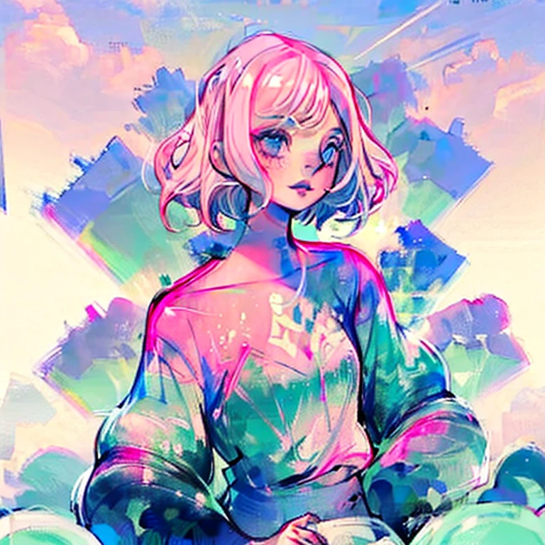 1girl, short pink hair, fluffy, pastel colors.