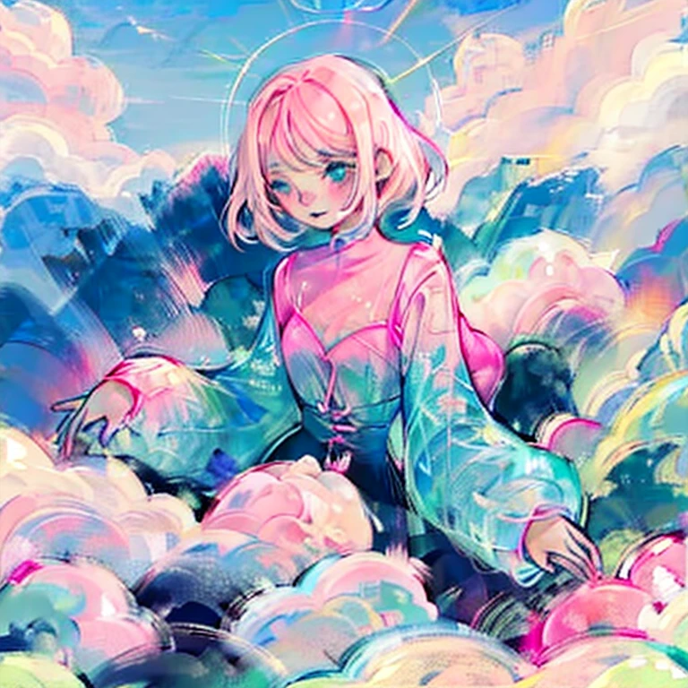 1girl, short pink hair, fluffy, pastel colors.