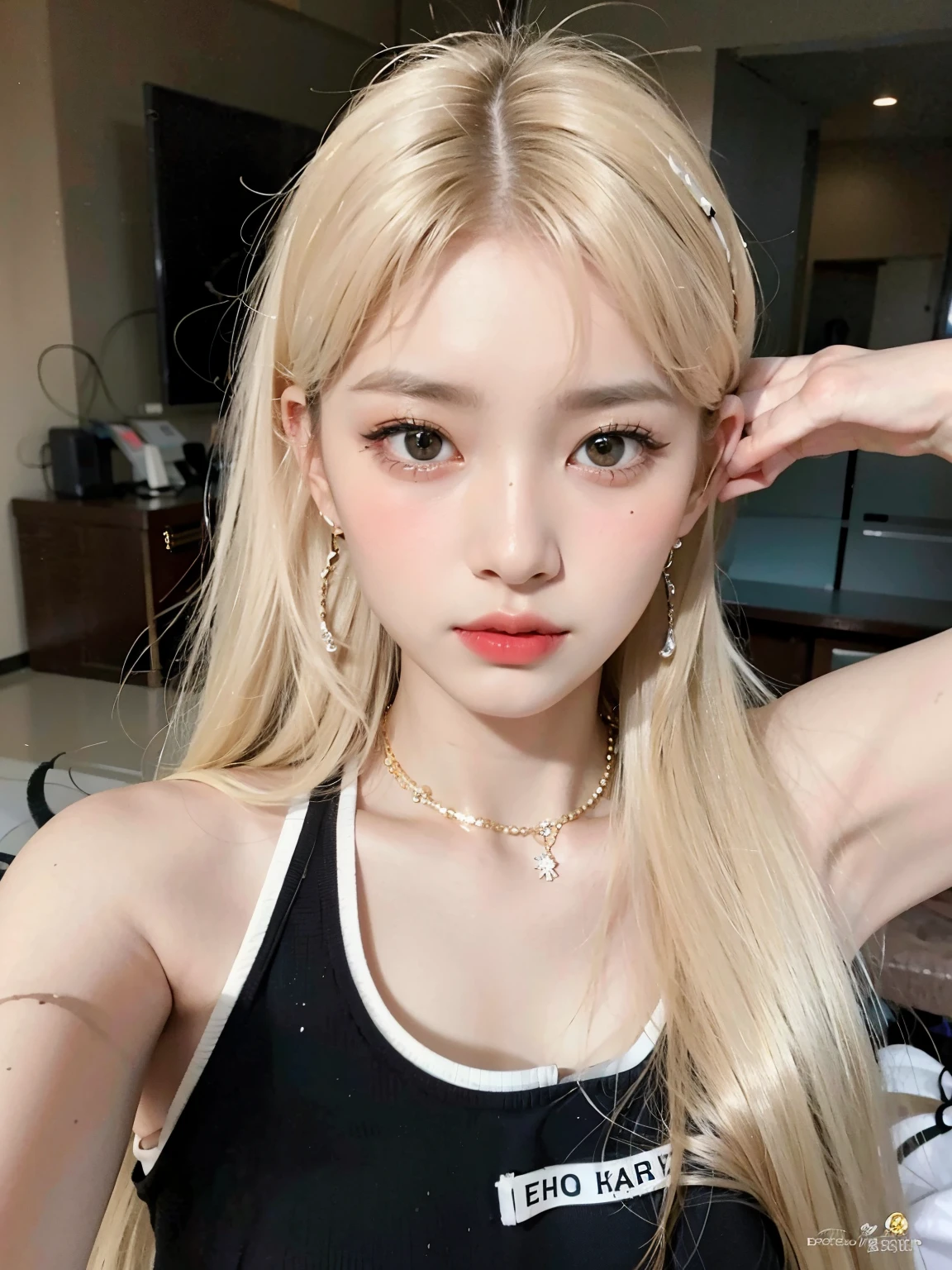 un primer plano de una mujer con cabello rubio vistiendo un top negro, Lalisa Manobal, Peinado blanco de corte hime, ulzzang, cabello rubio muy, very pale, Cabello largo y rubio y ojos grandes, Cabello largo y blanco y flequillo, con pelo largo blanco, con el pelo largo y blanco, extremely pale blond hair, Chica coreana, Hermosa mujer surcoreana, pale hair