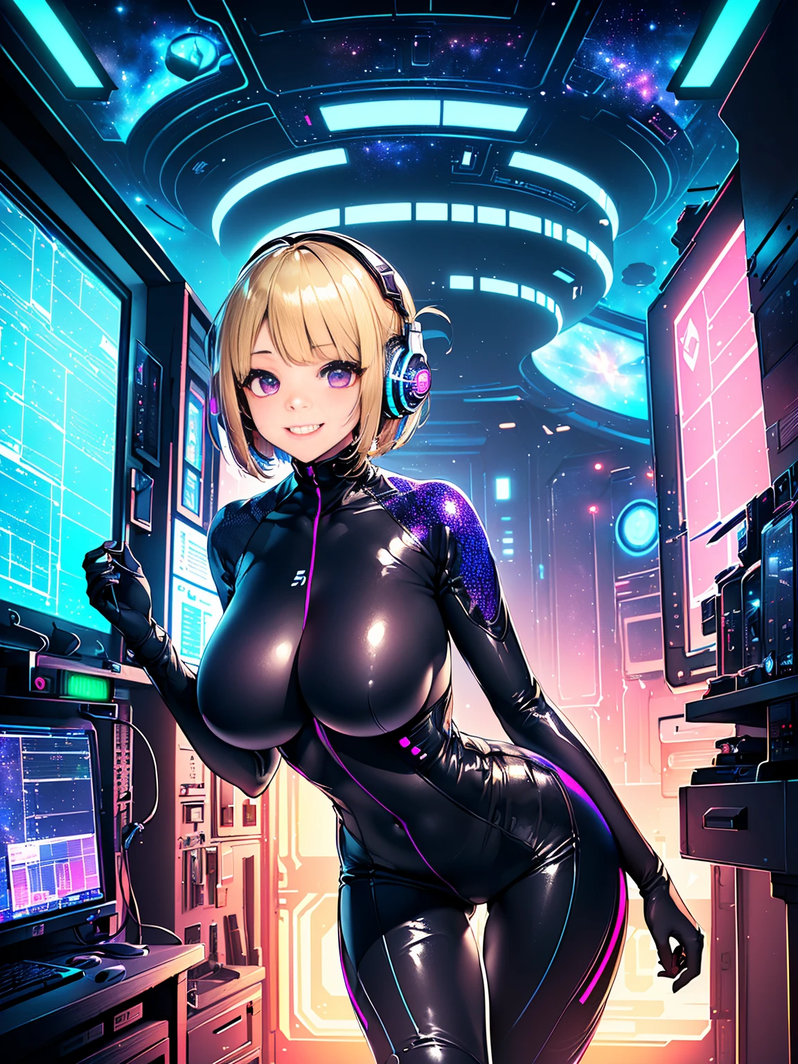 ​masterpiece:1.4, 1girl in ((20yr old, Dressed in a tight futuristic bodysuit in black and silver, long boots, huge-breasted, Multicolored blonde hair, a short bob, Perfect model body, Purple eyes:1.4, Wearing headphones, Flirting, Big smile, Looking out the window of the futuristic sci-fi space station、While admiring the beautiful galaxy:1.2, SFSF control room on night background:1.1, Neon and energetic atmosphere:1.2)) ((Galaxy)) ((Solo:1.6))