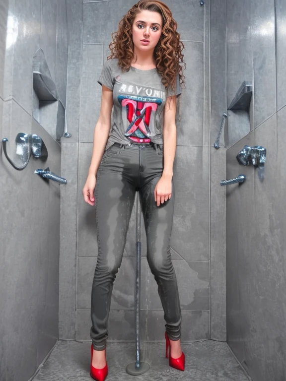 attractive woman standing in shower, t-shirt with rock band logo, ((gray acid wash jeans)), ((red high heel pumps)), long very curly 80's brunette hair, blue eyes, pee, peeing self, wetting, (((very bright lighting))),