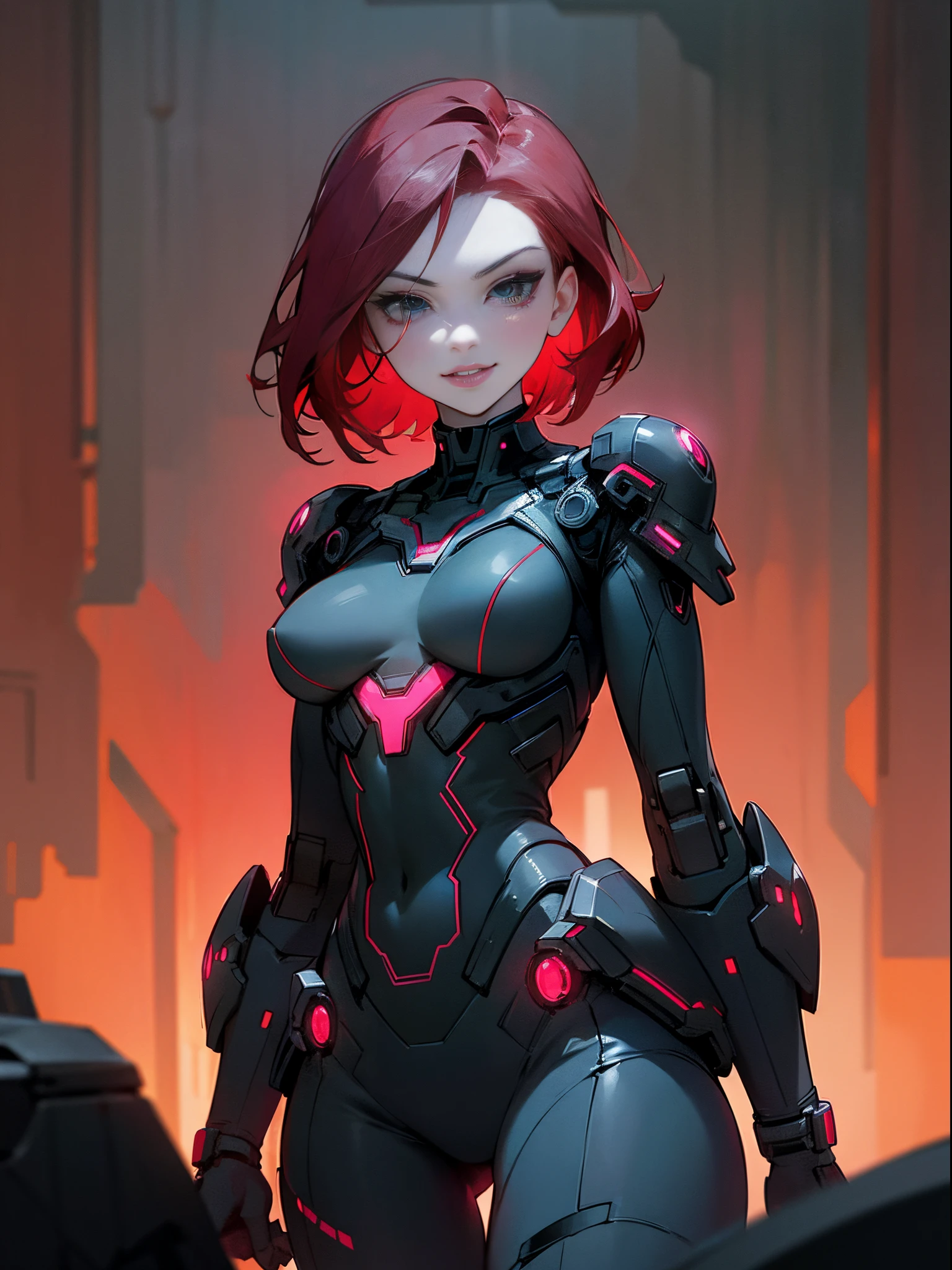 Scarlett Johansson as black widow. Short red hair, pale green eyes. Black Cyberpunk cybersuit, red highlights. Black mecha armour, red highlights. Neon city lights. Perfect proportion, mischievous look, mischievous smile