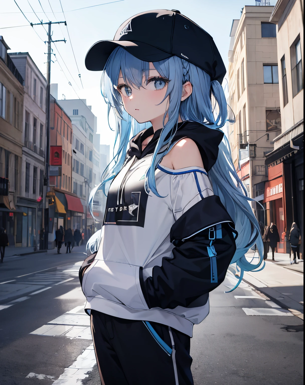 masterpiece,1girl,solo,long hair,blue hair,hoodie,off shoulder:1.2, mob cap, street,hand on hip, hand in pocket,