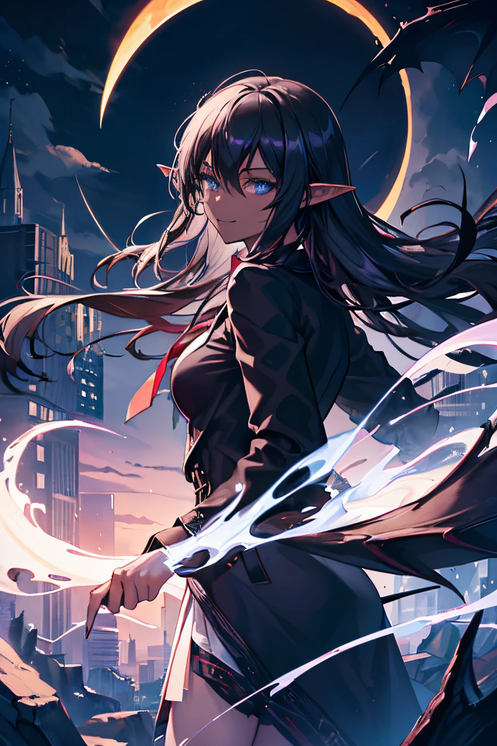 masterpiece, best quality, 1girl, (colorful),(finely detailed beautiful eyes and detailed face),cinematic lighting,bust shot,extremely detailed CG unity 8k wallpaper,white hair,solo,smile,intricate skirt, sky, cloudy_sky, building, moonlight, moon, night, (dark theme:1.3), light, fantasy, ((Dark Skin)) ((Blue Eyes)) ((Elf Ears)) (((Black Overcoat))) (((Dragon Girl))) (((Fire Magic))) (((All Black Hair))) Best Res, High Res, Absurd Res ((Royalty))