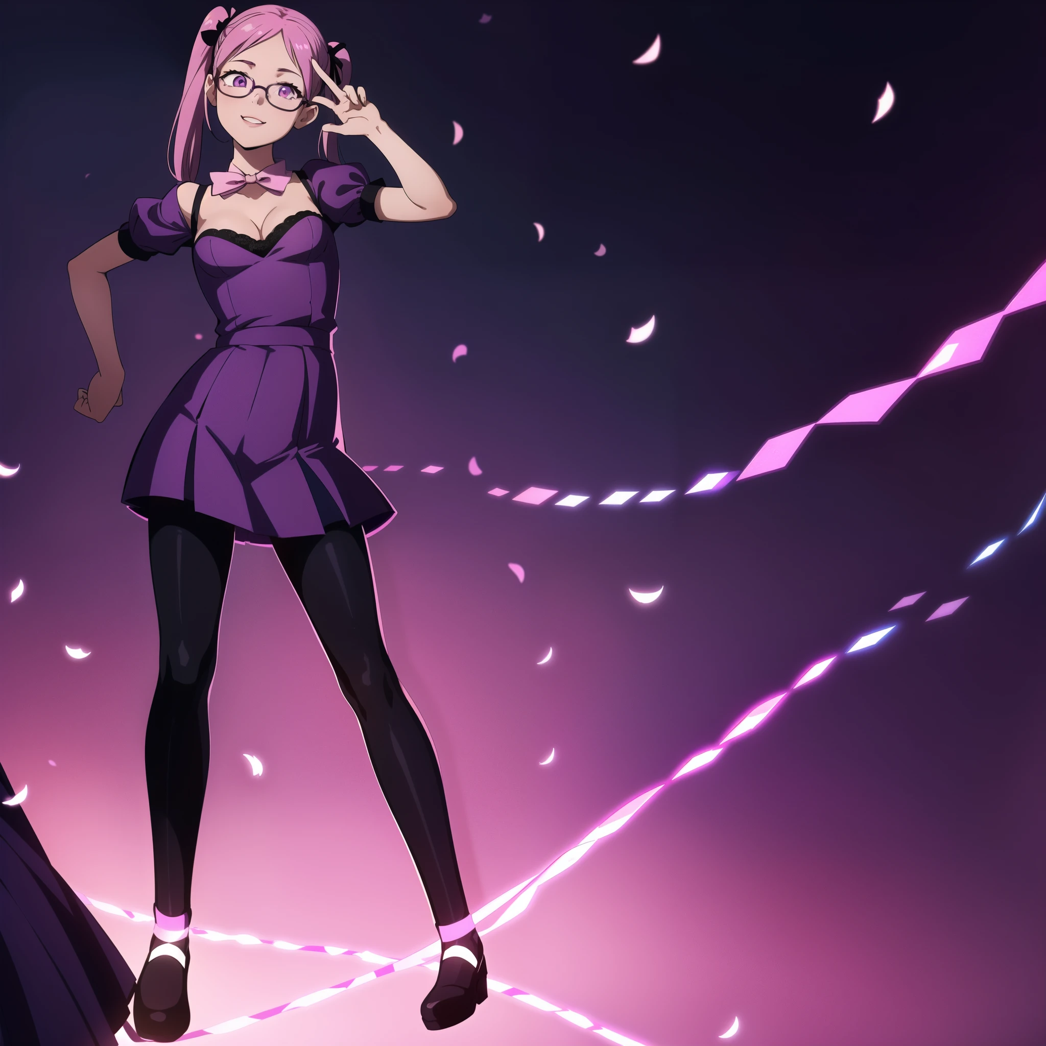 Confetti, party club. Led lights, chiaroscuro. 1 girl young girl with glasses, she smiles, tall, small eyes, teenage, "side bunds", pink pigtails hair, big lips, waring a dark purple plain dress. Skirt with petticoat (short sleeves) and ((cleavage)) pink ribbon. (Simple Background)