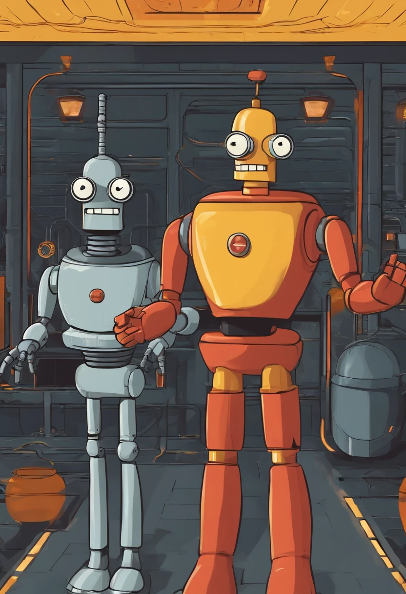 A photo of Bender at a robot dance club,Futurama,He often has a beer and cigar. Being that he is a robot, he doesn’t wear clothes. He is gray and made of simple geometric shapes. His arms are flexible tubes. His body has a "shiny metal ass", two legs, two "Extens-o-matic" arms (right called "Gropie" and left "Cheatie" by Bender) with three fingers each, a head with two replaceable eyes shaped like light-emitting diodes, and a mouth used for fuel intake and voice communication.