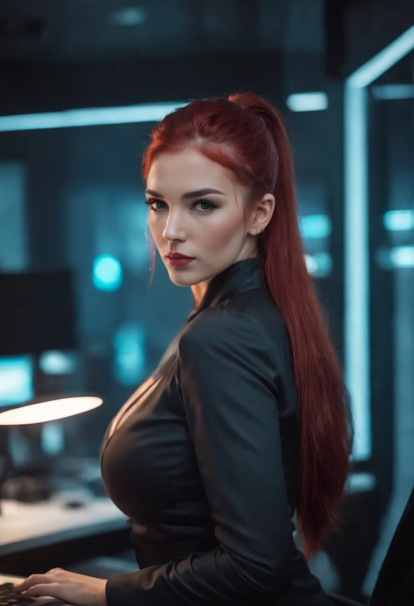 teen, in office, hot secretary outfit, big breasts, busty, red hair, pony tail, cyberpunk world, neon lights