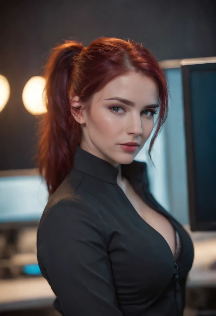 teen, in office, hot secretary outfit, big breasts, busty, red hair, pony tail, cyberpunk world, neon lights