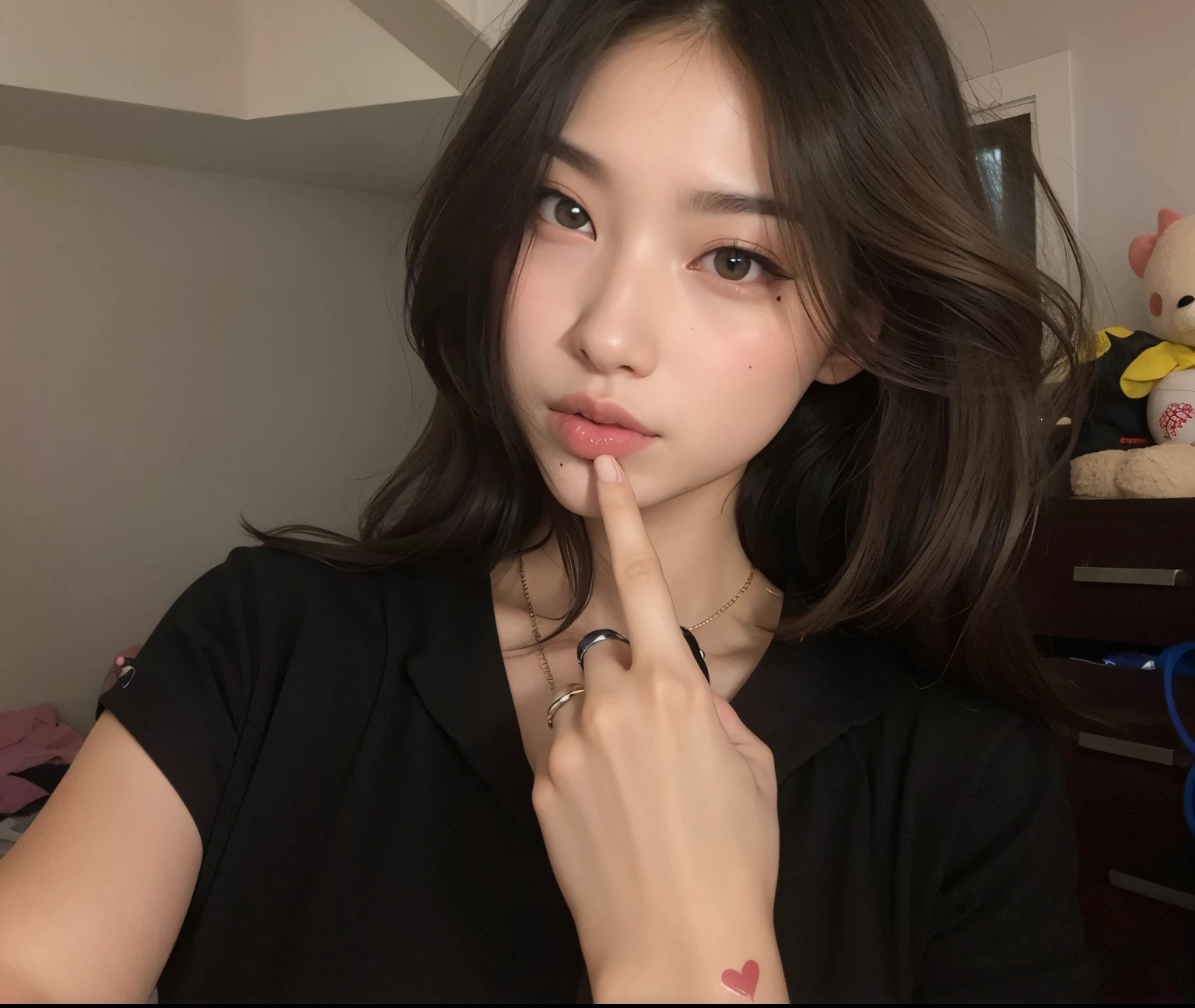 there is a woman with a finger on her lips and a tattoo on her arm, 19-year-old girl, Ulzzang, 18 anos, coreana, small lips pointy nose, foto de perfil headshot, meninao-fino-cara, small heart - shaped face, 2 2 anos, qualidade muito baixa, ela tem um rosto bonito