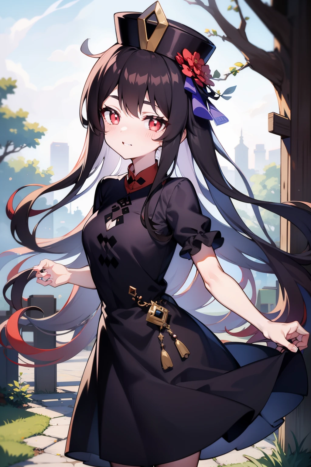 1girll,HuTao,Masterpiece,Best quality,Black tiara,dress,Hats,outside,ln the forest