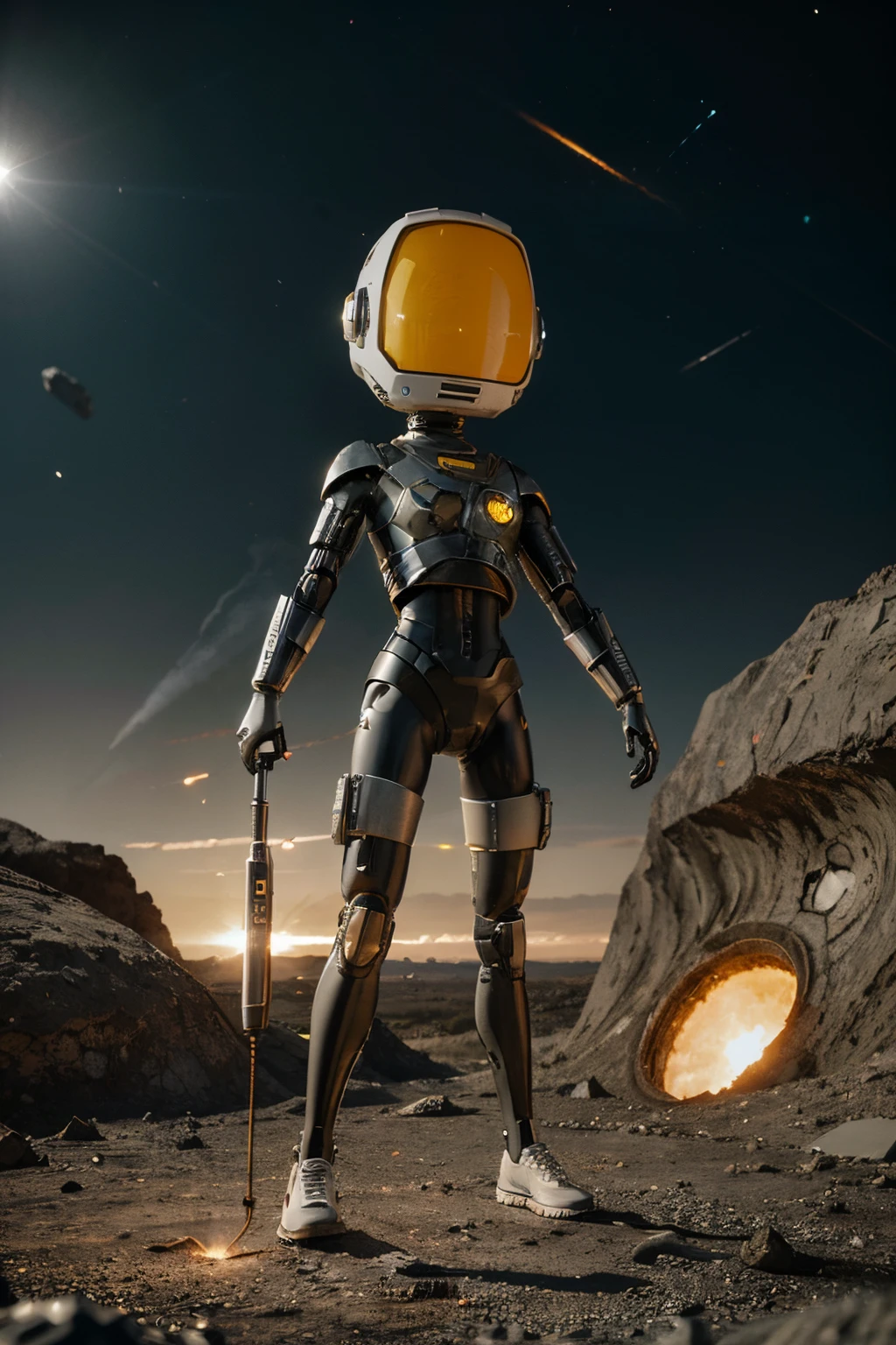 Un dibujo animado plano moderno Loco con un robot Only Eye y un estilo de casco, Pinzas en las manos, Cabeza de TV, cabeza de alfiler, camuflaje blanco oxidado, Atmosphere in the crater of a super-detailed meteorite, centro, hermoso, Soft lighting, Centrado en el personaje, 4k resolution, photorealistic representation.