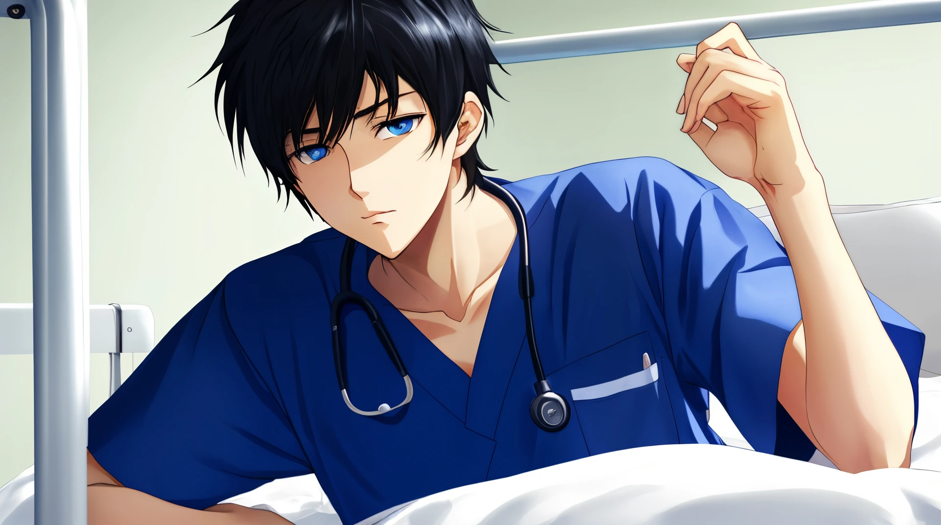 Sick scrawny anime boy on hospital bed with black hair and blue eyes sickly looking