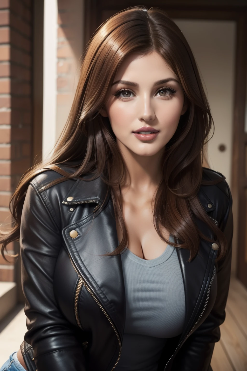 Lucy Pinder, Retrato de cara, ((Maquillaje muy pesado)), ((Glossy lipstick)), sonriente, ((Mujer voluptuosa)), Cabello largo, brown hair, cabello lacio, camiseta negra, chaqueta de cuero, brown jacket , pantalones vaqueros azules