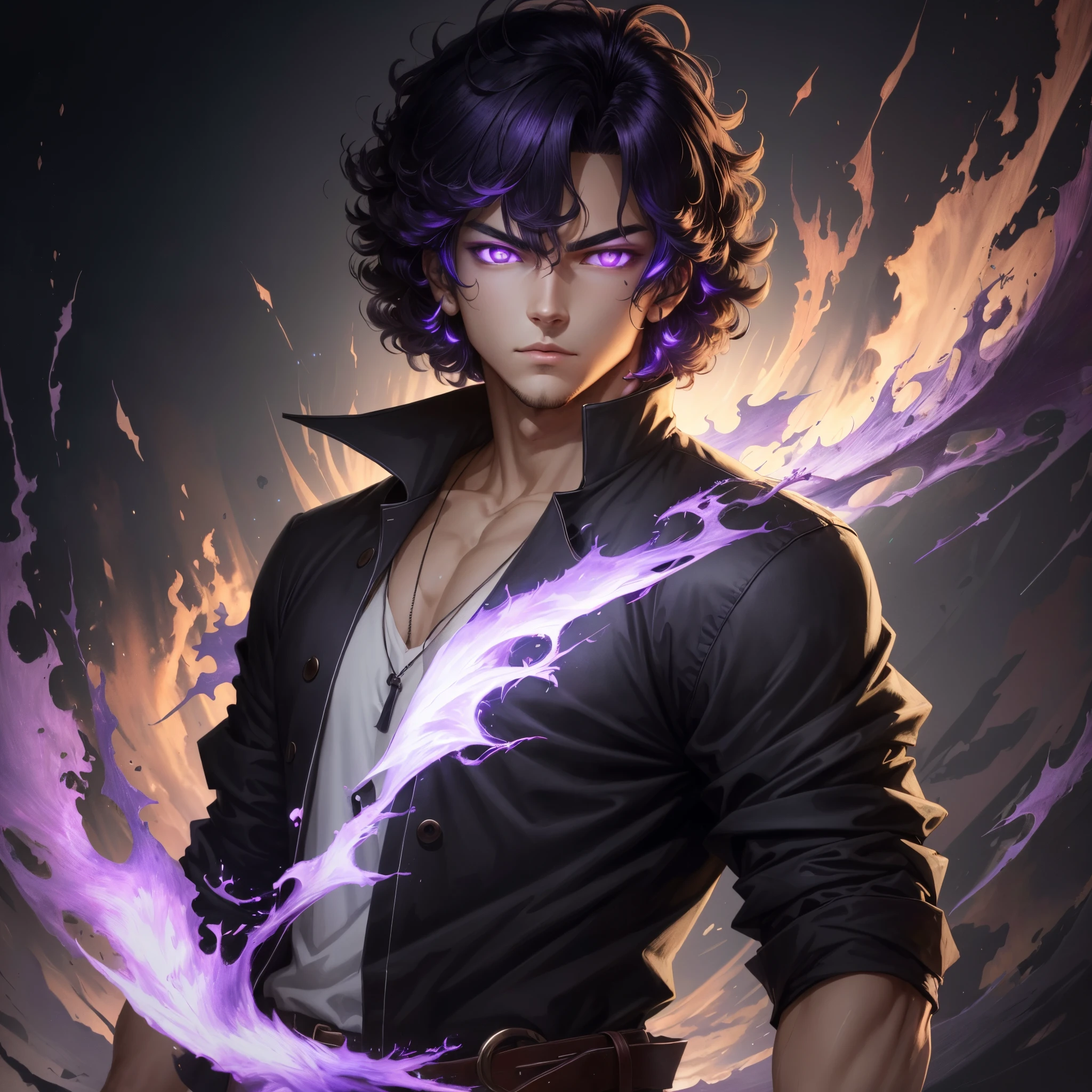Anime guy, anime, HDR, high quality, Purple glowing eyes, curly hair, male, faded hair, black hair, serious, purple glowing aura, short hair.