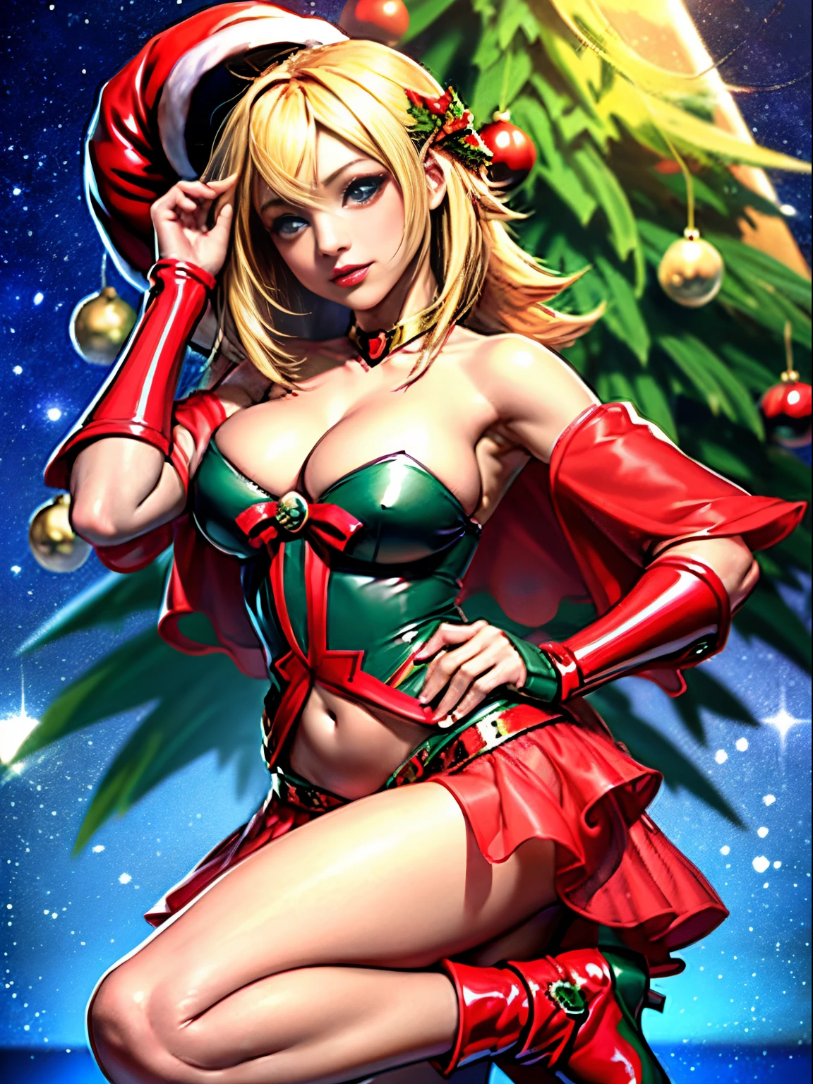 Dark magician gils con vestido rojo,((see through)), extremadamente detallado, rubio,(((Mini falda diminuta))), ((skirt lift)),(((tanga visible))),Sonriendo, ojos azules, realista, tacones rojos, (((Navidad))), escote, ((christmas tree, Regalos)), cabello rubio, navidad de Magia. Pose sejustiva y sensual.