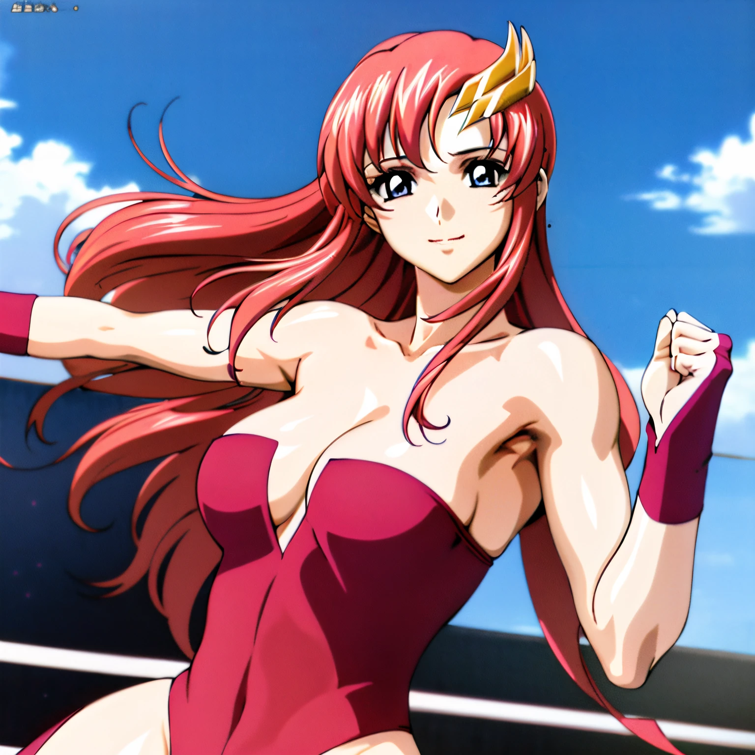 (masterpiece, armpit lines, upper body view, 4K, Best Quality, Anime style: 1.9, far view, Adult Woman, (stretching), ultra detailed face, (cloud background, wrestling), Drawing lines, high resolution, Anime, lacus4), 1girl, Solo, curvy figure, Long hair, 鎖骨, scapular, (Detailed wide hair bangs, Hair Ornament, Detailed reddish-pink hair, shiny streaks, hair cover shoulders, golden crest), cleavage, large hands, (female wrestler). (Big blue eyes, shiny eyes), ((female wrestler, (slim body), , little biceps, closed fists, thighs)), ((perfect proportions, medium breasts, long belly)), (((red strapless, neck band))), happy, smile, (standing, looking at the viewer)