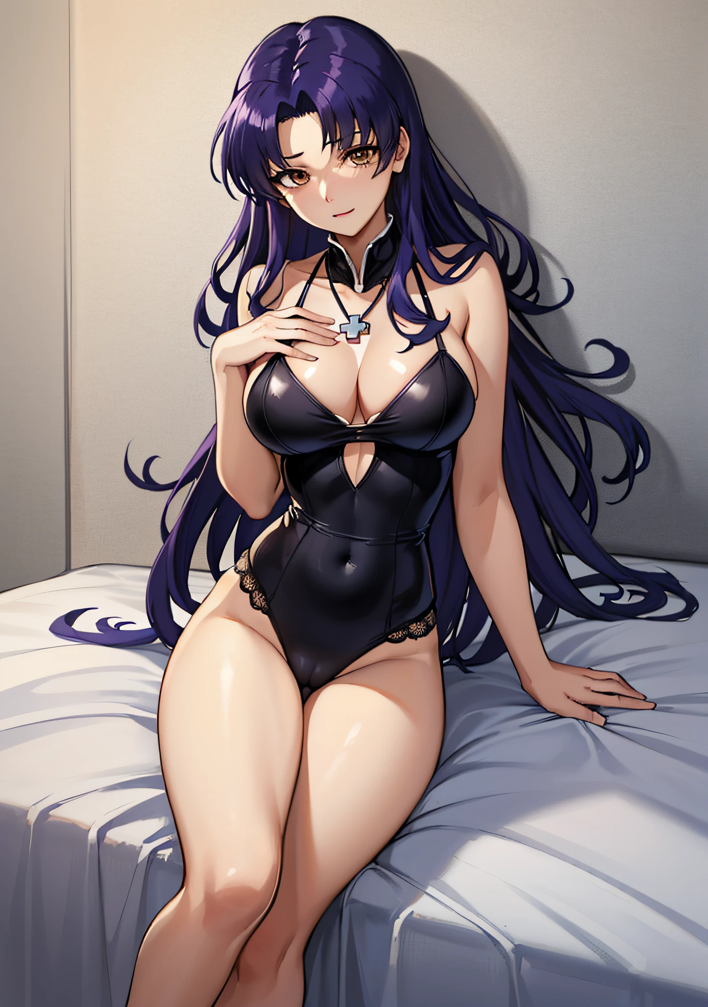 (masutepiece),(Best Quality), Katsuragi Misato,  Brown eyes,  Cross Necklace,  Big breasts、((Smaller head)）、a bed、Underwear with see-through、Textured skin、extremely detailed eye and face、beatiful detailed eyes、二重まぶた、huge filesize、(Increase the beauty of skin texture:1.1)、hight resolution、highlydetailed skin、top-quality、8k wallpaper、电影灯光、Sleeping in bed、The chest is visible、 Spread your legs、Spread your crotch、Persistent stare, Sharp eyes, sexy langeries