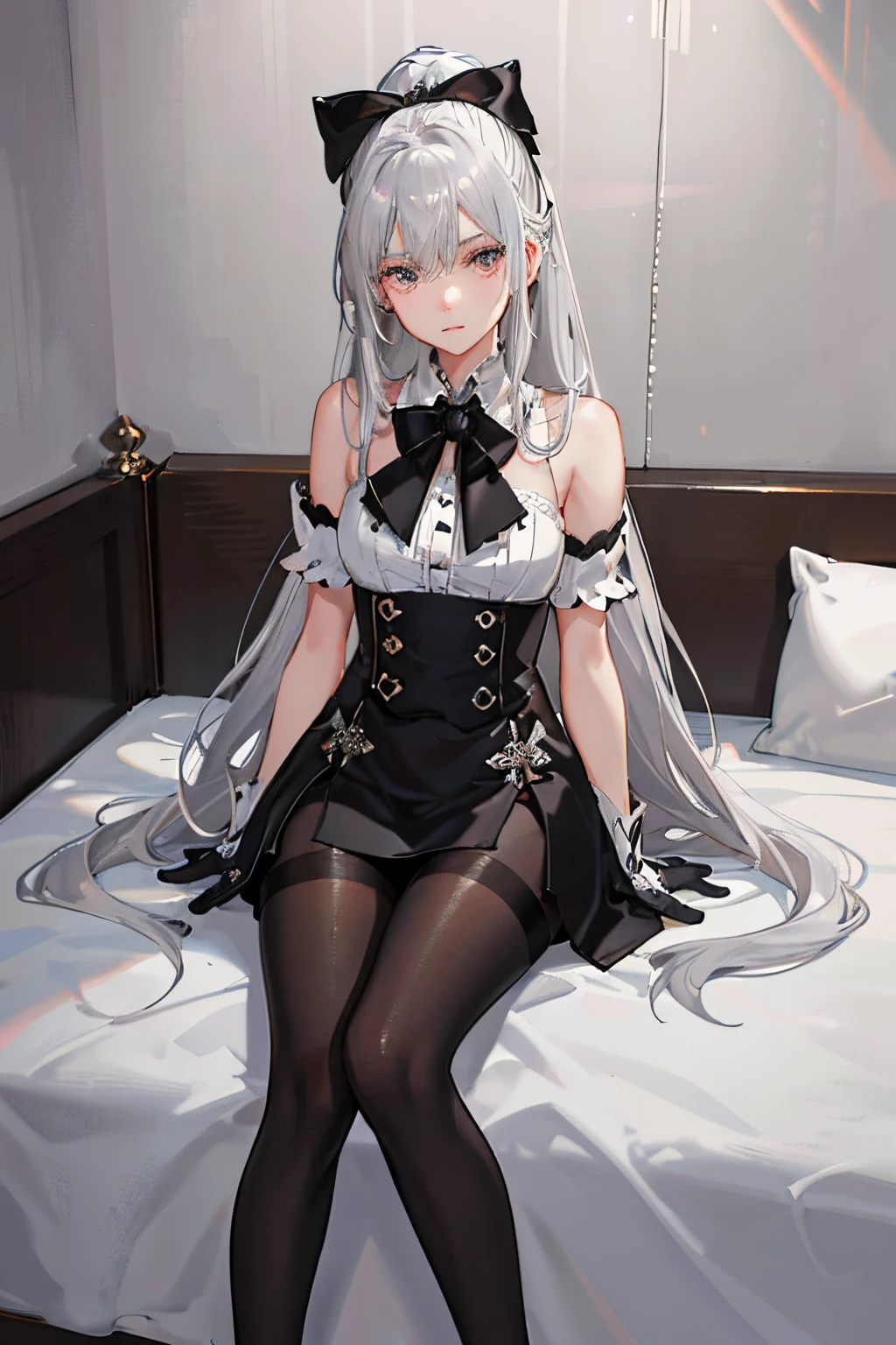 (((1 girl)),ray tracing,(dim lighting),[detailed background (bedroom)),((silver hair)),((silver hair)),(fluffy silver hair, plump slender girl))) with high ponytail)))) avoiding golden eyes in the ominous bedroom (((girl wearing intricately embroidered black high-waisted pants with pantyhose) and white ruffled bow gloves), showing a delicate slender figure and graceful curves, correct limbs, standing, Pose