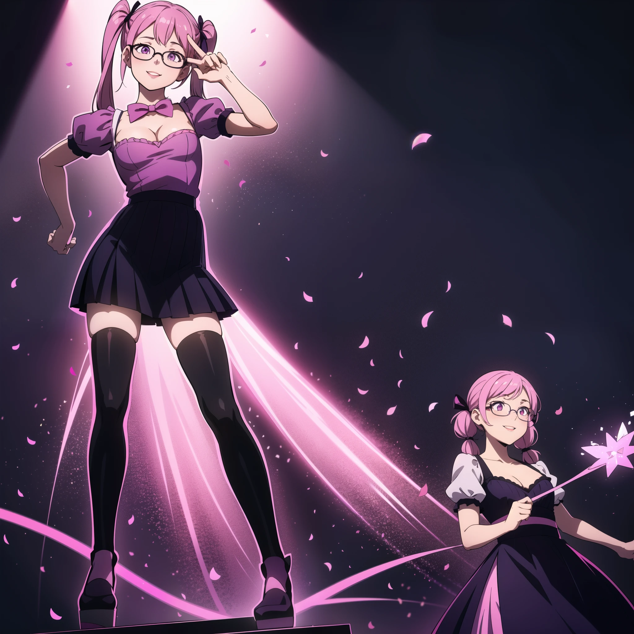 Confetti, party club. Led lights, chiaroscuro. 1 girl young girl with glasses, she smiles, tall, small eyes, teenage, "side bunds", pink pigtails hair, big lips, waring a dark purple monochromatic dress. Skirt with petticoat (short sleeves) and ((cleavage)) pink ribbon.