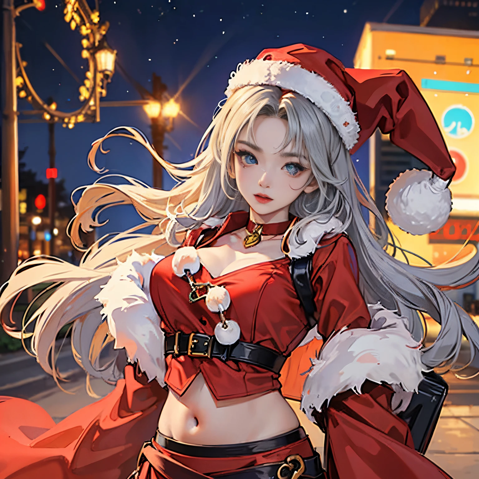 A city of beautiful Christmas lights, Santa girl in red costume of beautiful Santa Claus with blue eyes, Red Santa Skirt、Plump lips, Moles under her eyes, Heart-shaped choker, Computer Graphics Art, High resolution, Highest Quality, Whole body, 8K Character Concept, 32K, pixiv , Illustration, super detailed, Super Detailed Face, Megapixel, Ultra High Definition HDR, Clear, Overdecoration,