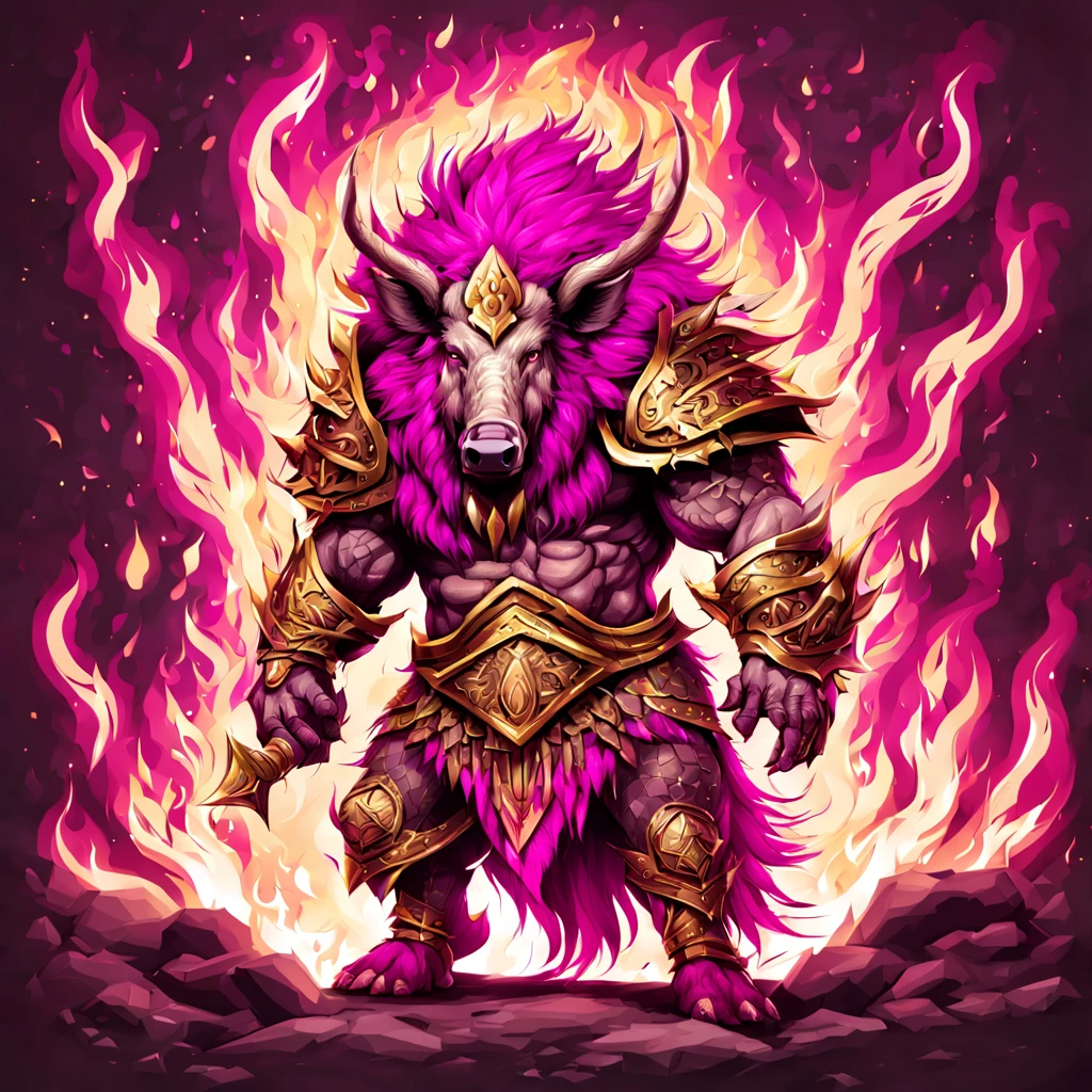 Berserker Wild Boar with magenta spiked mane and fur and gold and white tribal armor and jewery, surrounded by flames and god-like, Masterpiece, Best Quality, in pencil art style