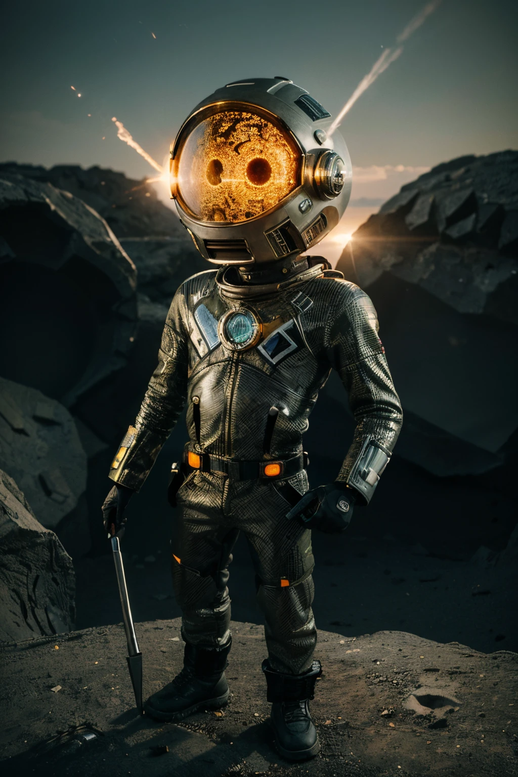 A Modern flat toon Crazy whit a Big ONE a Only Eye Robot and helmet Style, tongs in hands, Tv head, pinhead, camouflage Yellow White Rusty, Ambient in a meteorite crater super detailed, center, beautiful, soft lighting, focused on the character, 4K resolution, photorealistic rendering,