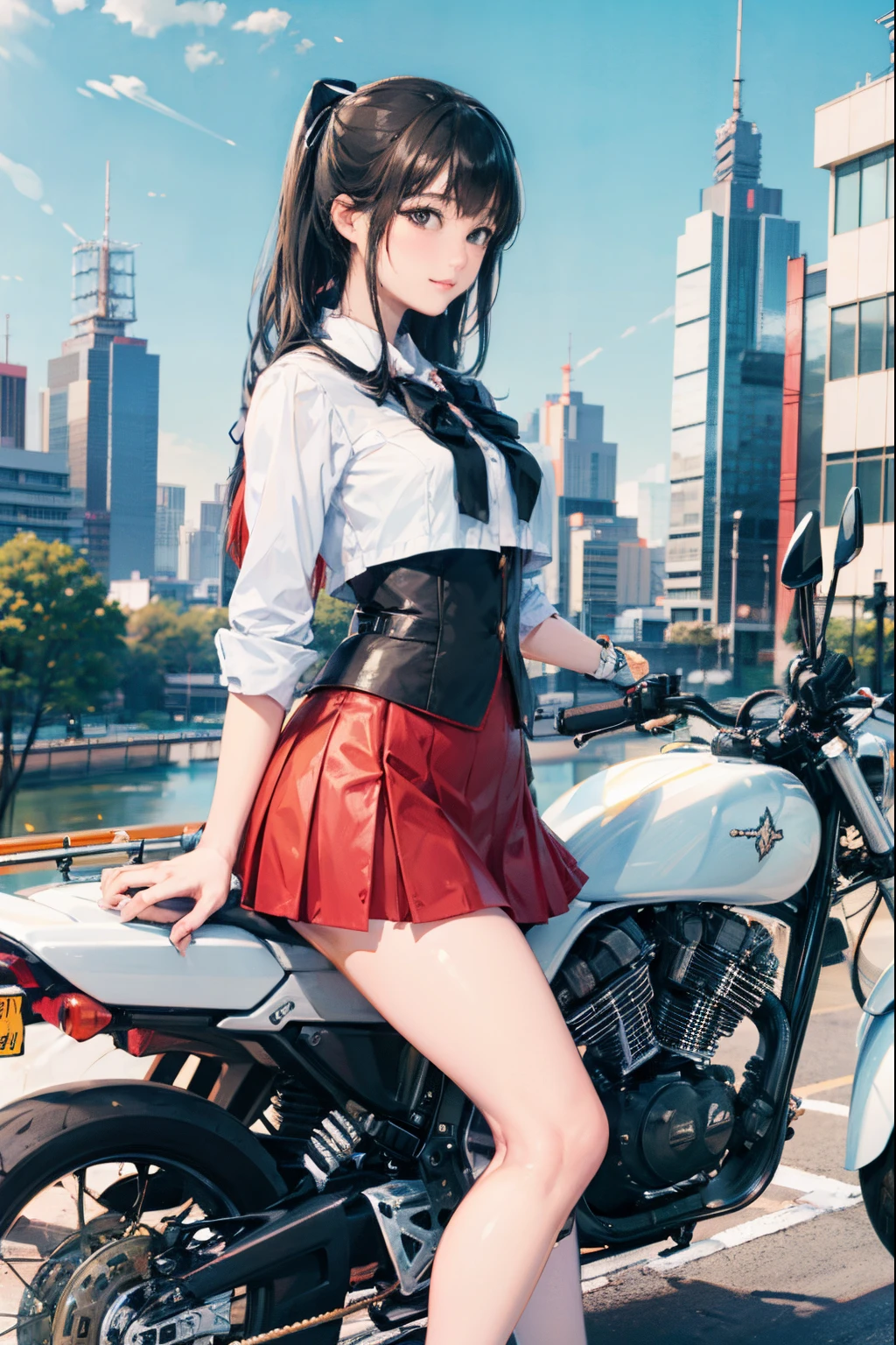 Japan schoolgirl riding motorcycle,a miniskirt、White panty、poneyTail、beautiful thigh、Her knees are up and her white panties are visible.、Beautiful panties、beautiful  Girl、Beautie、Beautie、lolicon hentai、Beautiful panties、beautiful thigh、beautiful  Girl、Beautie、Happy!!!, , motor cycle,[ photos realistic ]!!, hight resolution,