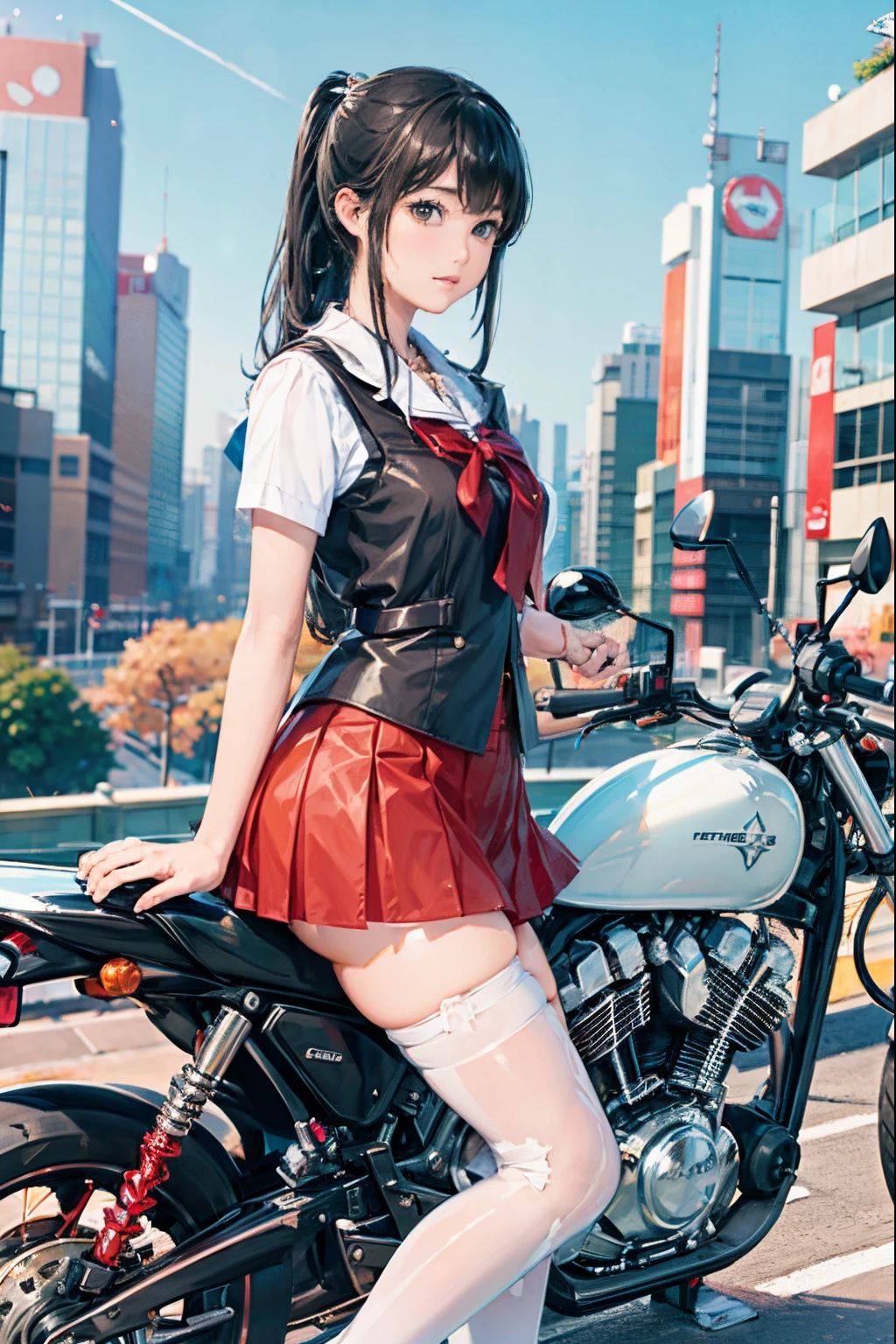 Japan girl riding motorcycle,a miniskirt、White panty、poneyTail、beautiful thigh、Her knees are up and her white panties are visible.、Beautiful panties、beautiful  Girl、Beautie、Beautie、lolicon hentai、Beautiful panties、beautiful thigh、beautiful  Girl、Beautie、Happy!!!, , motor cycle,[ photos realistic ]!!, hight resolution,