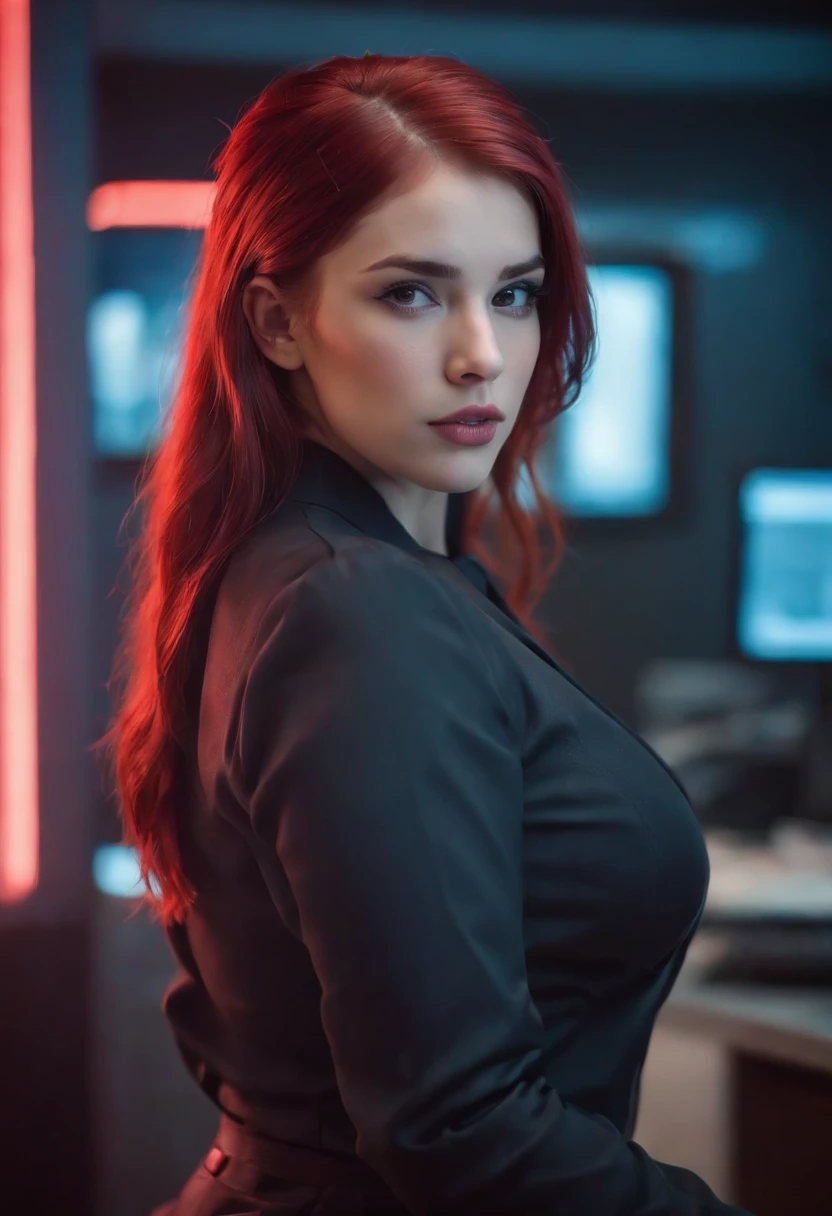 teen, in office, hot secretary outfit, big breasts, busty, red hair, pony tail, cyberpunk world, neon lights