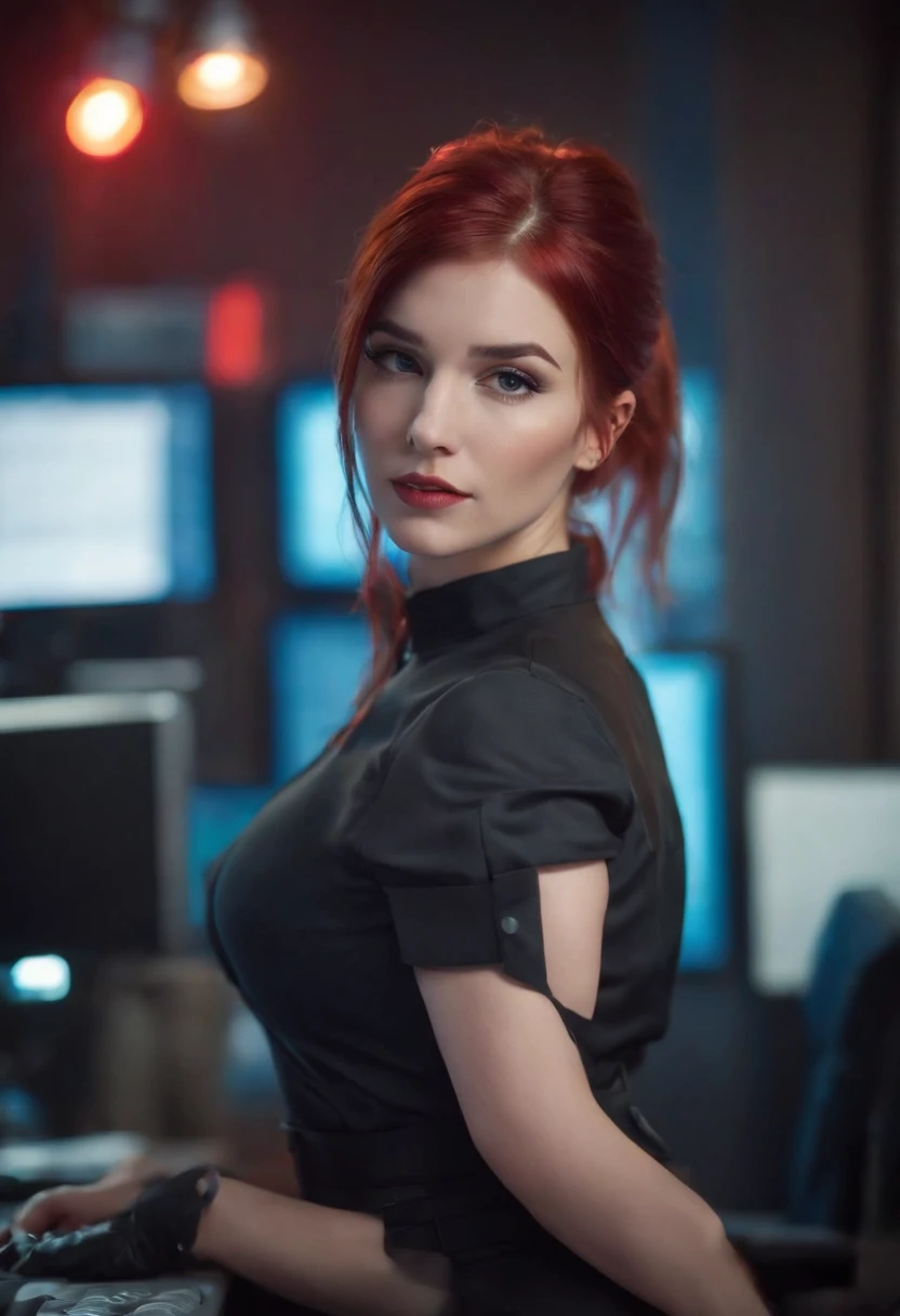 , in office, sexy secretary outfit, big breasts, busty, red hair, pony tail, cyberpunk world, neon lights