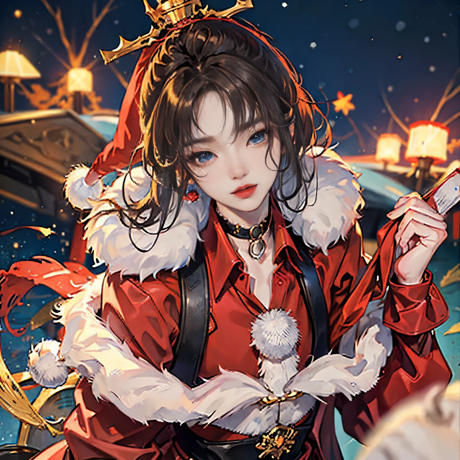 A city of beautiful Christmas lights, Santa girl in red costume of beautiful Santa Claus with blue eyes, Red Santa Skirt、Plump lips, Moles under her eyes, Heart-shaped choker, Computer Graphics Art, High resolution, Highest Quality, Whole body, 8K Character Concept, 32K, pixiv , Illustration, super detailed, Super Detailed Face, Megapixel, Ultra High Definition HDR, Clear, Overdecoration,