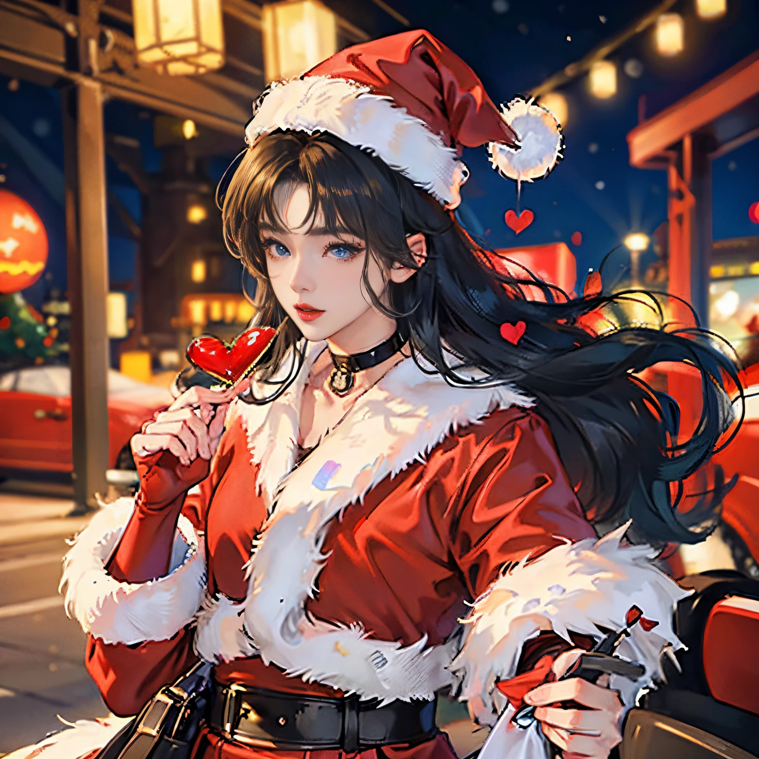 A city of beautiful Christmas lights, Santa girl in red costume of beautiful Santa Claus with blue eyes, Red Santa Skirt、Plump lips, Moles under her eyes, Heart-shaped choker, Computer Graphics Art, High resolution, Highest Quality, Whole body, 8K Character Concept, 32K, pixiv , Illustration, super detailed, Super Detailed Face, Megapixel, Ultra High Definition HDR, Clear, Overdecoration,