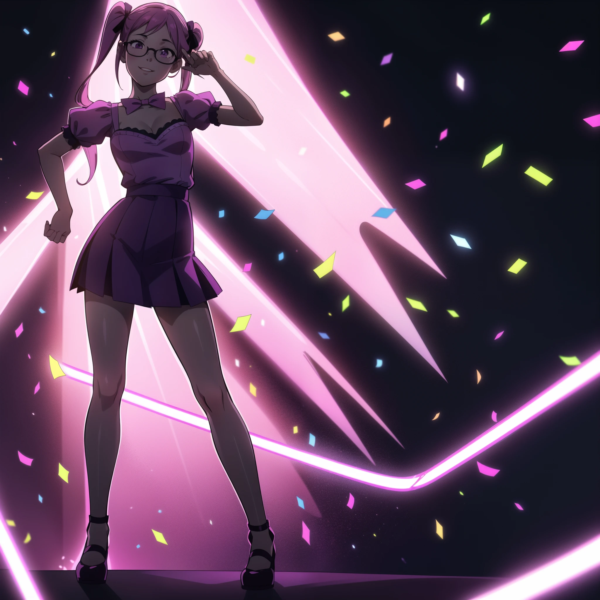 Confetti, party club. Led lights, chiaroscuro. 1 girl young girl with glasses, she smiles, tall, small eyes, teenage, "side bunds", pink pigtails hair, big lips, waring a dark purple monochromatic dress. Skirt with petticoat (short sleeves) and ((cleavage)) pink ribbon.