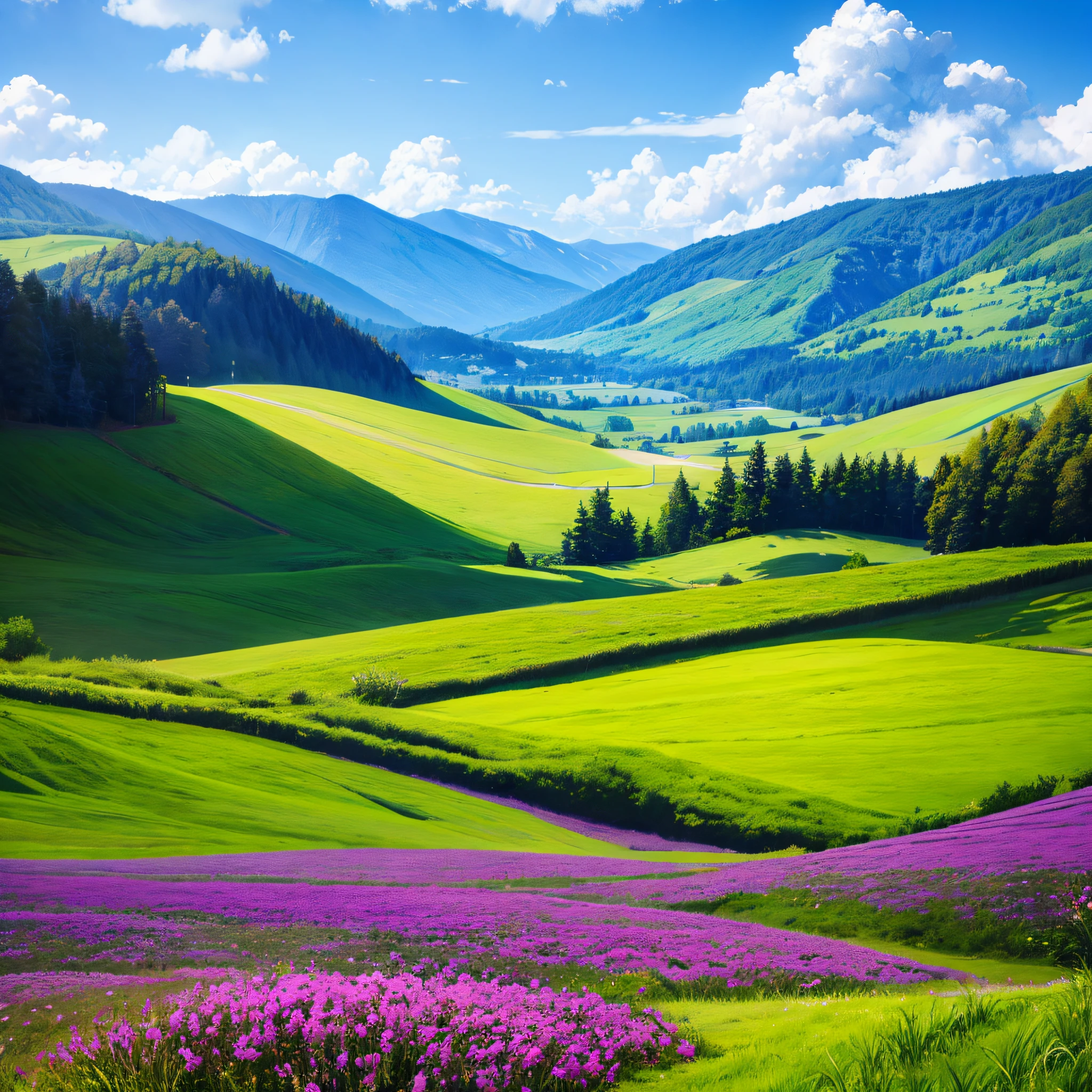 charm natural view, green land, sky colors purple blue colorful,