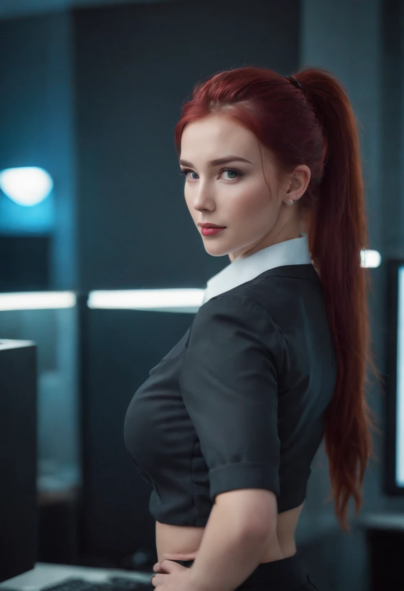 teen, in office, sexy secretary outfit, big breasts, busty, red hair, pony tail, cute look, cyberpunk world, neon lights, best quality, high resolution