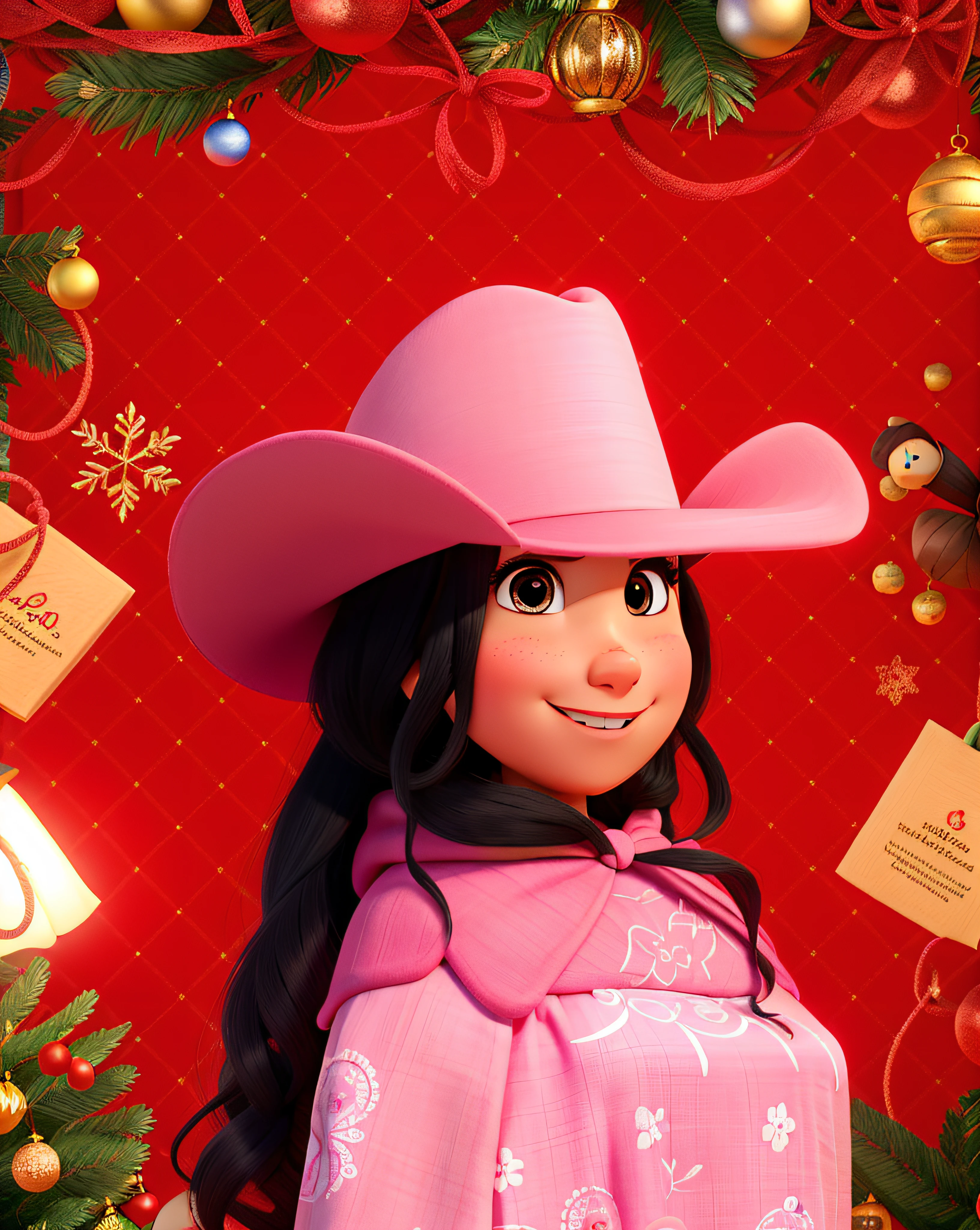 Uma mulher seria de chapeu no natal estilo disney pixar, alta qualidade, melhor qualidade