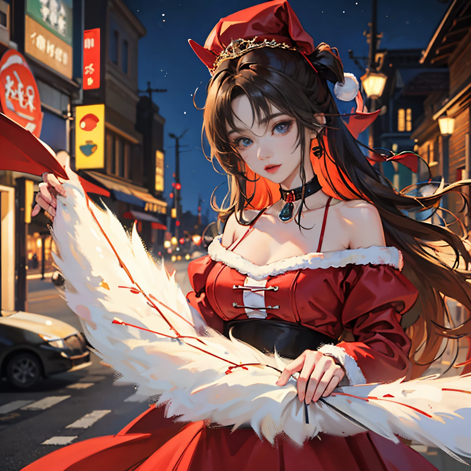 A city of beautiful Christmas lights, Santa girl in red costume of beautiful Santa Claus with blue eyes, Red Santa Skirt、Plump lips, Moles under her eyes, Heart-shaped choker, Computer Graphics Art, High resolution, Highest Quality, Whole body, 8K Character Concept, 32K, pixiv , Illustration, super detailed, Super Detailed Face, Megapixel, Ultra High Definition HDR, Clear, Overdecoration,