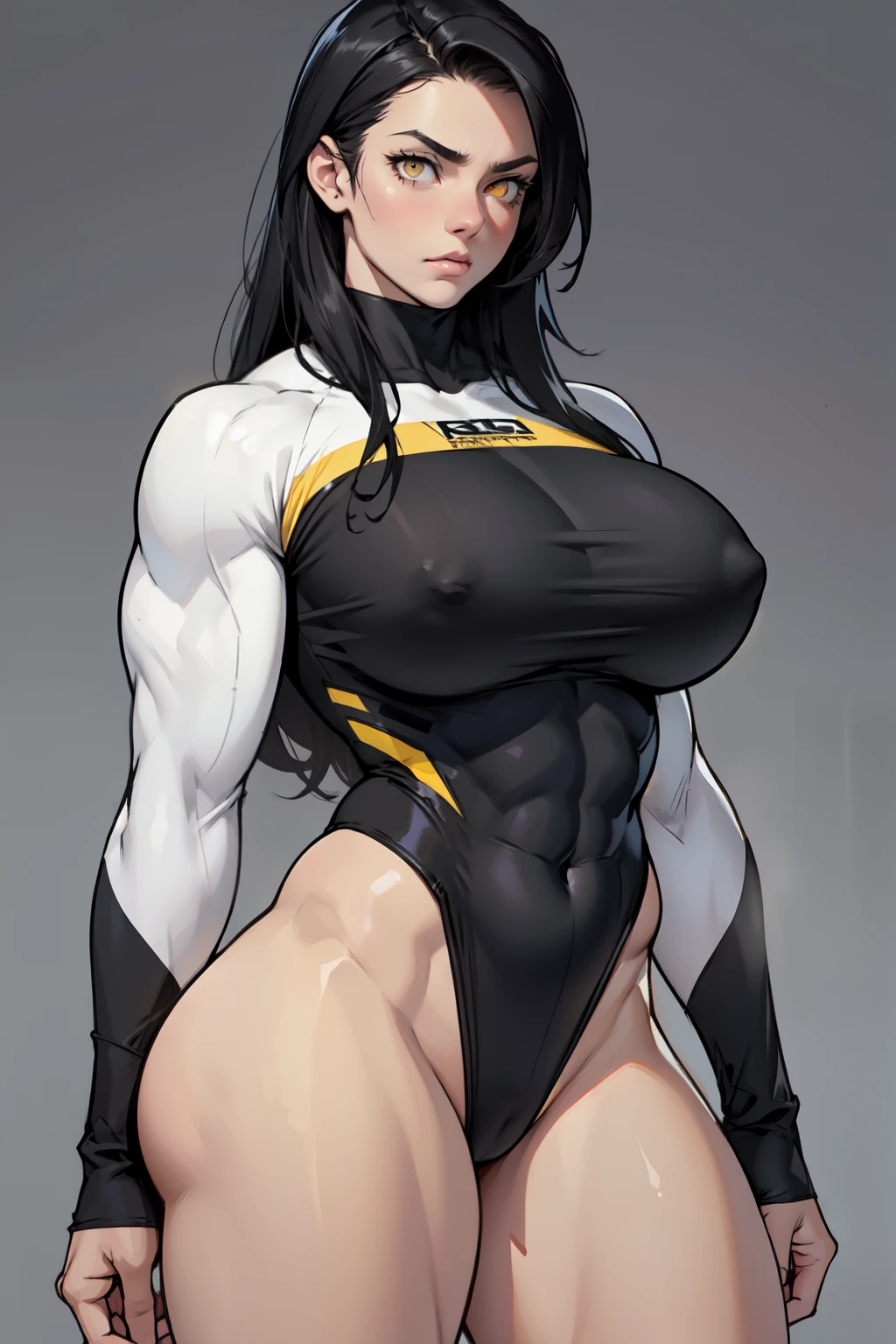 ((1girl)) (huge breasts) pale skin (muscular) toned body thick thighs black hair yellow eyes (long hair grey background) bodybuilder sad long sleeve leotard