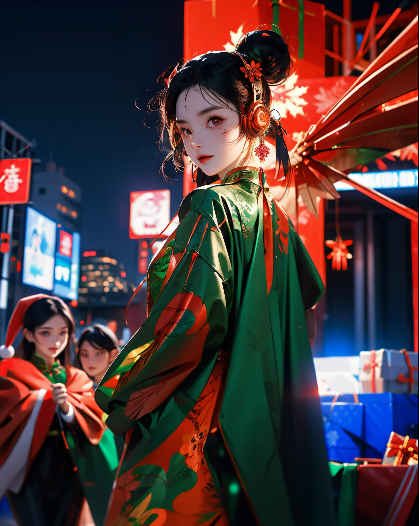 1 girls, Chinese_clothes, metallic titanium and red, cyberhan clothing, chinese cheongsam, chinese elements, lanterns, cyberpunk city, dynamic pose, detailed luminous headphones, glowing hair accessories, long hair, glowing earrings, glowing necklace, cyberpunk, high-tech city, full of mechanical and futuristic elements, futurism, technology, glowing neon, orange, orange light, fluorescent orange, skirt, cape, coat, laser, digital background, urban sky, big moon, with vehicles, best quality, Masterpiece, 8K, Character Edge Light, Super High Detail, High Quality, The Most Beautiful Woman in Mankind, Micro Smile, Face Facing Front Left and Right Symmetry, Ear Decoration, Beautiful Pupils, Light Special Effects, Visual Data, Pick and Dye Orange, Dye Hair, Ultra Detail Facial Texture, Happy Proud, Weapon System, Mecha Style, Crowded Pedestrians on the Street, Mechanical Wings, Super Light and Shadow, ((christmas theme:1.4)), looking back viewer.