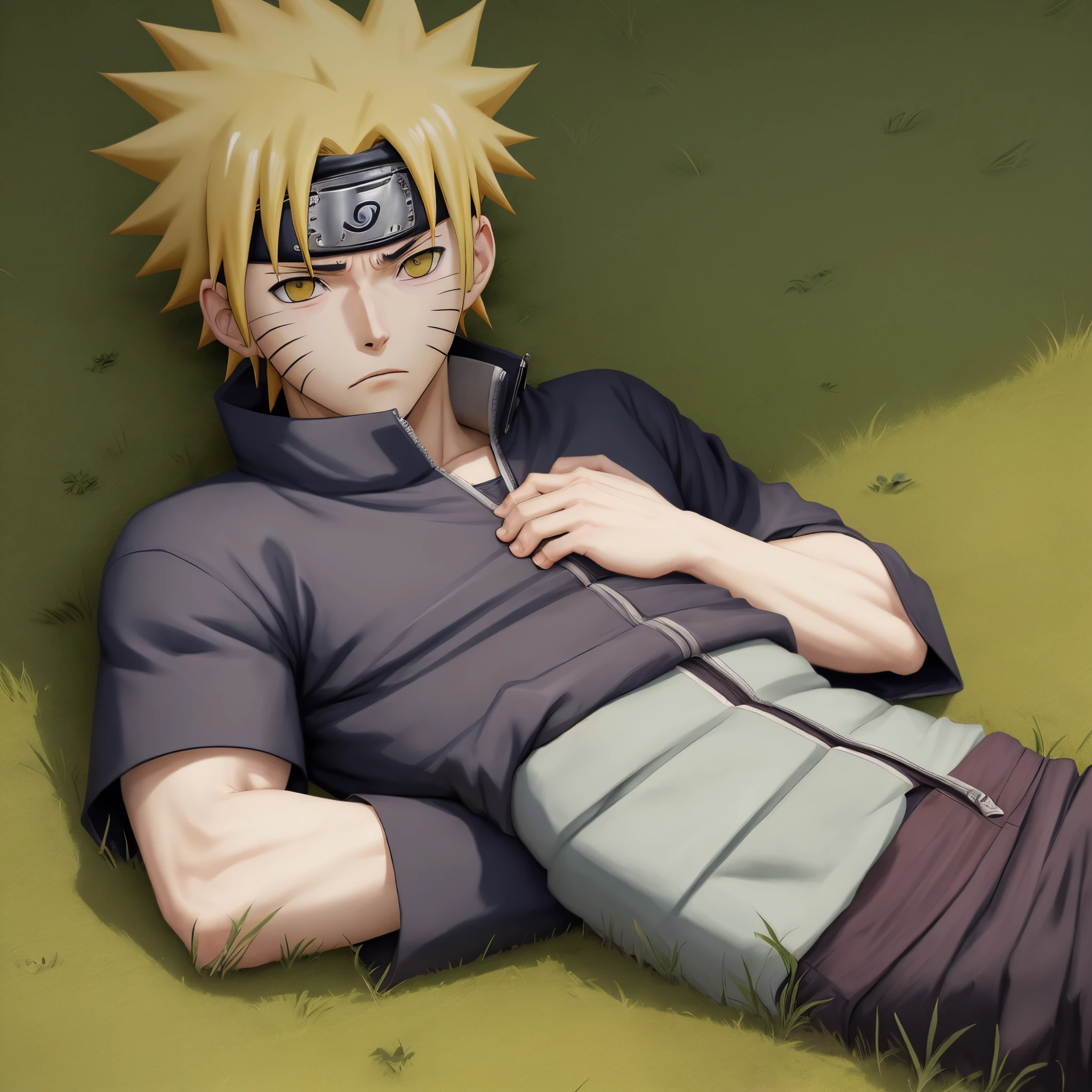 Naruto depressed laying on the grass