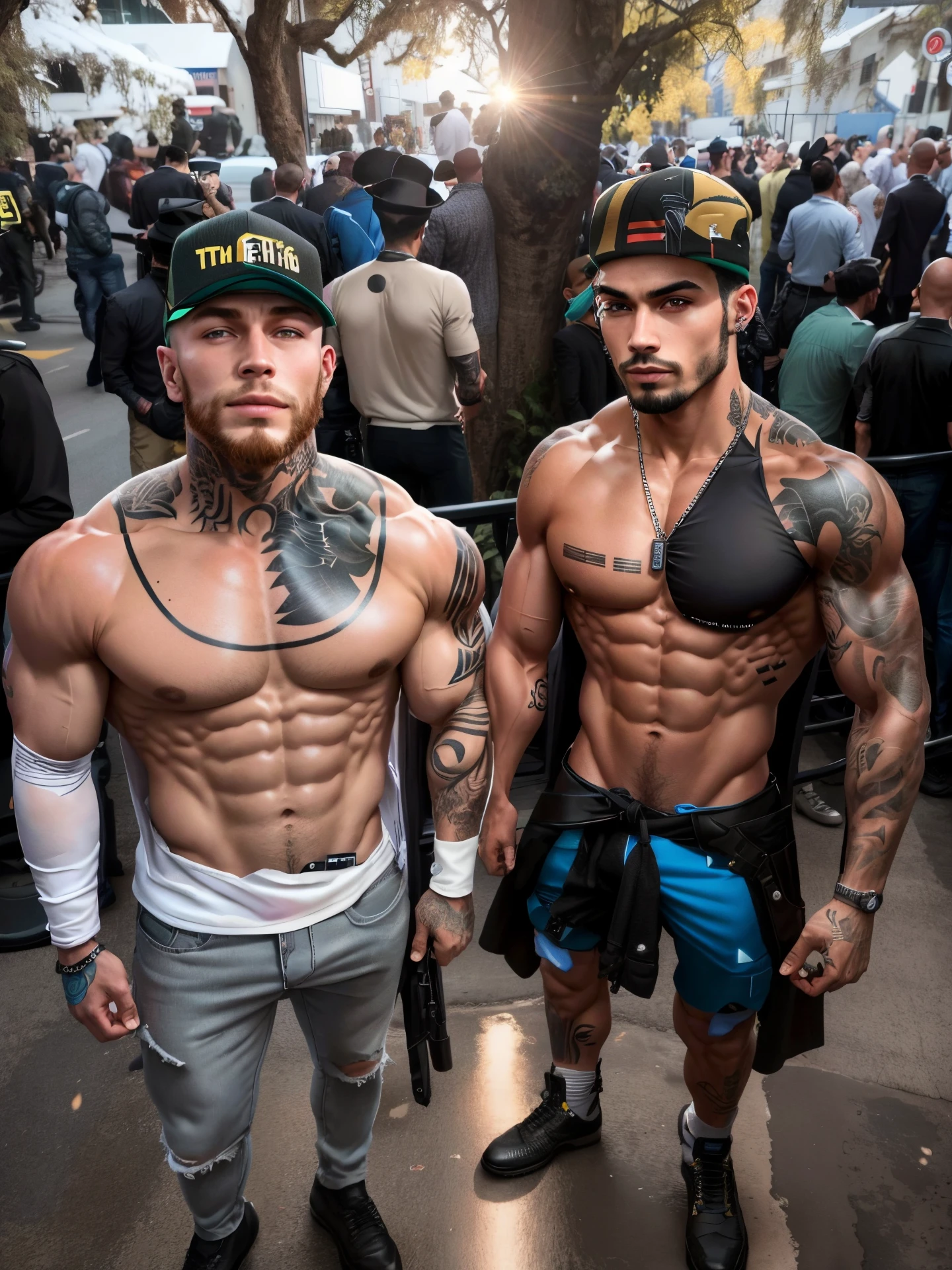 two men with tattoos and a hat next to each other, 2 homens musculosos atraentes, Corpo de Ernest Khalimov, Zyzz, Genzoman e Frank Franzzeta, musculoso e descolante, Barabas Miklos e Hollosy Simon, meninos bonitos, Sidney Lugo, muscular men entwined together, two muscular men entwined