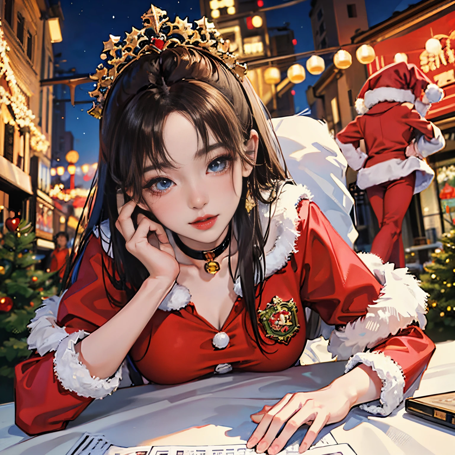 A city of beautiful Christmas lights, Santa girl in red costume of beautiful Santa Claus with blue eyes, Red Santa Skirt、Plump lips, Moles under her eyes, Heart-shaped choker, Computer Graphics Art, High resolution, Highest Quality, Whole body, 8K Character Concept, 32K, pixiv , Illustration, super detailed, Super Detailed Face, Megapixel, Ultra High Definition HDR, Clear, Overdecoration,