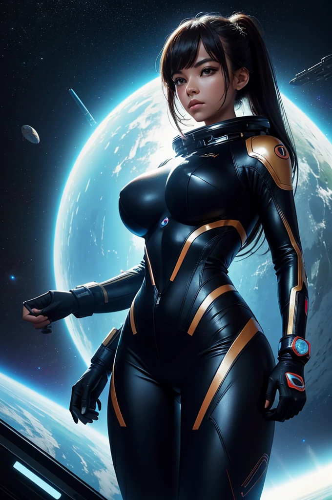 1girl,solo,best quality, masterpiece, 8k,raw photo, Year 2510, a Futuristic Sexy Space Woman wearing tight fitting bikini style space suit, stands at her giant view screen exploring space.