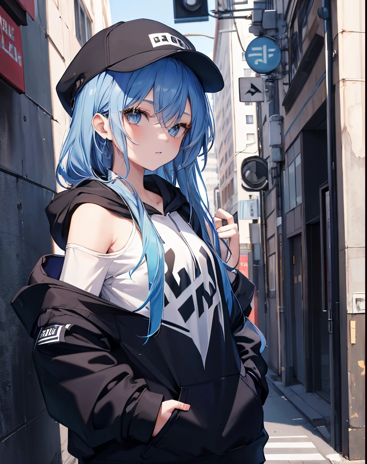 masterpiece,1girl,solo,long hair,blue hair,hoodie,off shoulder:1.2, mob cap, street,hand on hip, hand in pocket,