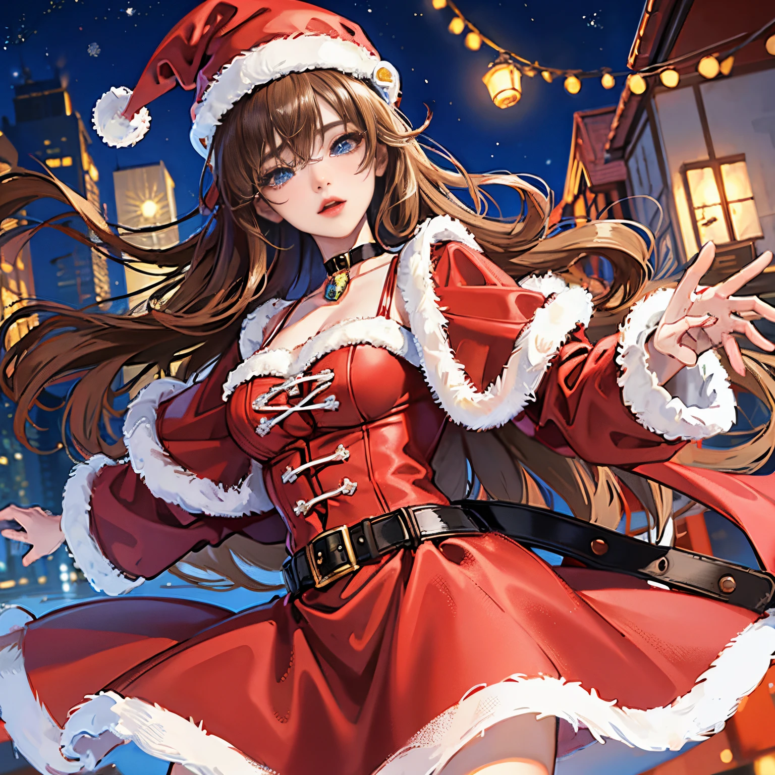 A city of beautiful Christmas lights, Santa girl in red costume of beautiful Santa Claus with blue eyes, Red Santa Skirt、Plump lips, Moles under her eyes, Heart-shaped choker, Computer Graphics Art, High resolution, Highest Quality, Whole body, 8K Character Concept, 32K, pixiv , Illustration, super detailed, Super Detailed Face, Megapixel, Ultra High Definition HDR, Clear, Overdecoration,